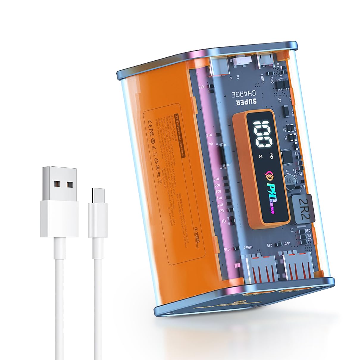SlaBao 20000mAh Transparent Power Bank with LED Display - 22.5W PD Fast Charging Portable Charger, USB C Phone Charger for iPhone, Android, Samsung, iPad, AirPods - Perfect for Travel, Camping, and Emergency Power Backup