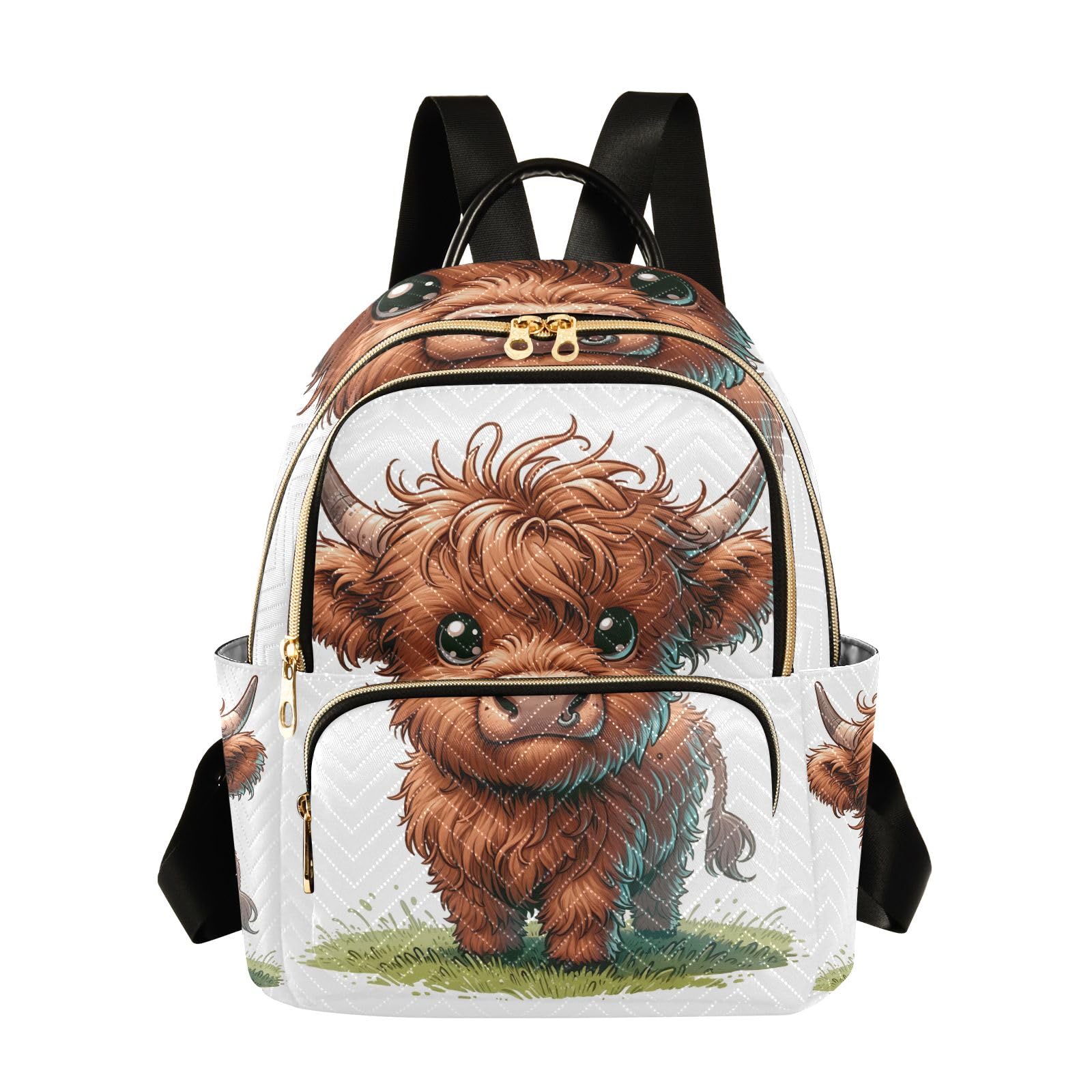 ODAWA Quilted Backpack for Women - Cute Highland Cow Print on Grass, Fashionable Travel Backpack Purse with Luggage Strap - Perfect for School, Work, and Weekend Getaways