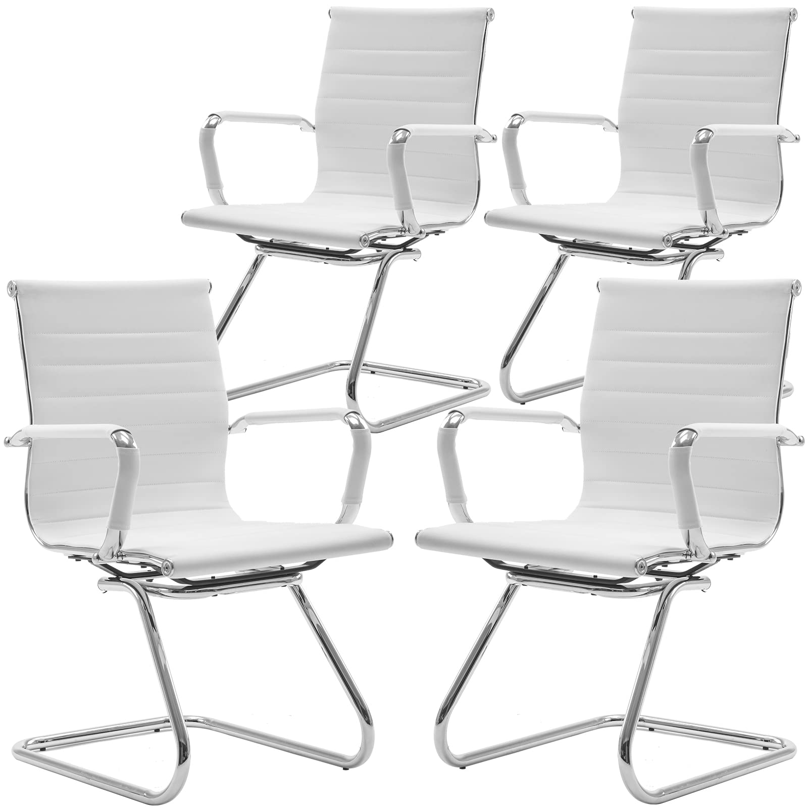 Guyou 4-Piece Office Guest Chairs Set - Mid Back PU Leather Conference Chairs with Metal Legs & Sled Base - White Reception Room Furniture for Waiting Areas, Lobbies & Meeting Spaces