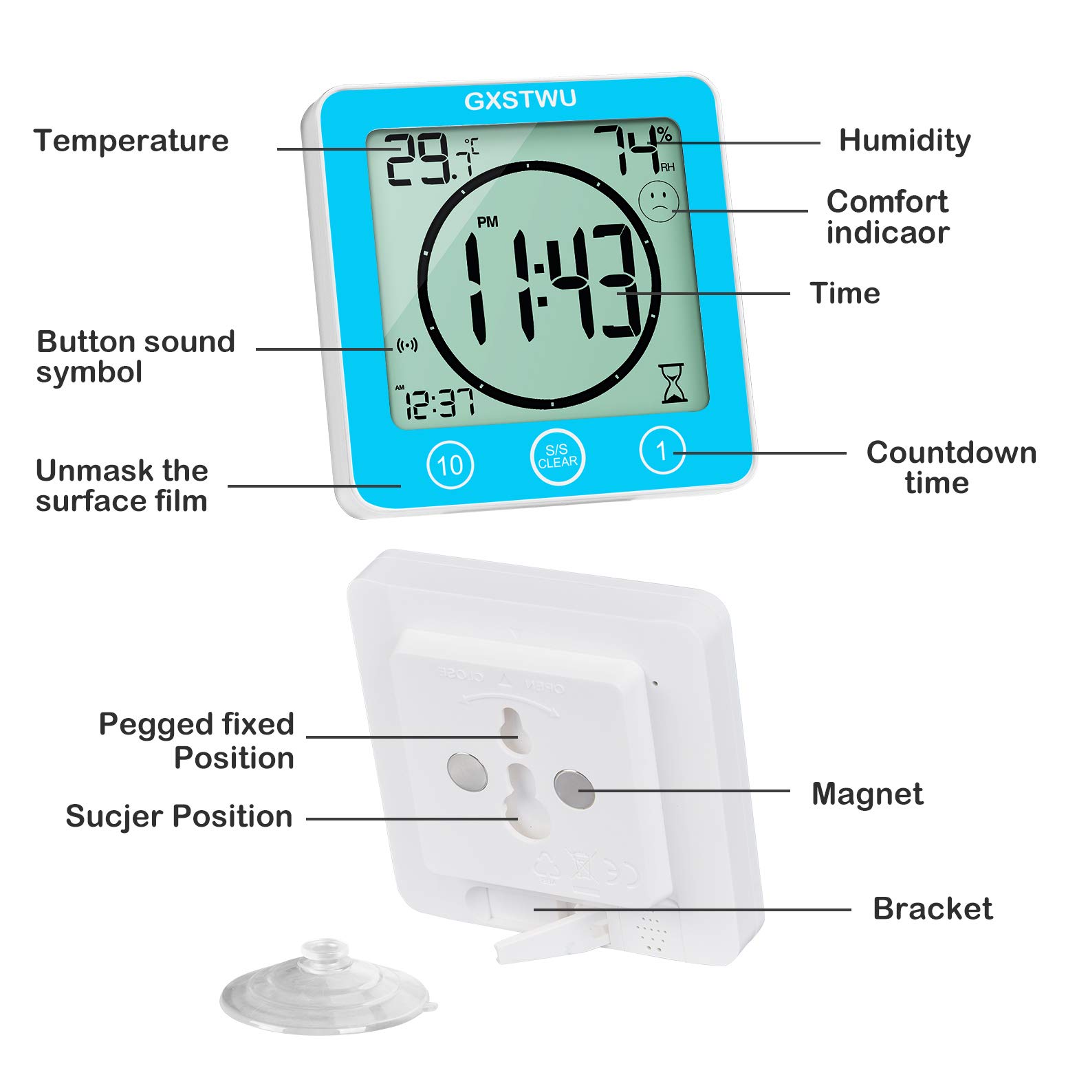 Waterproof Digital Shower Clock with Timer - Touch Screen Bathroom Alarm Clock with Count Up/Down, Temperature & Humidity Display - Wall Mount, Magnetic, Suction Cup or Stand (Blue) - Perfect for Bathroom, Kitchen, Gym & Home Use