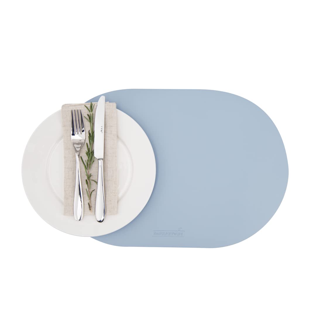 16 Inch Oval Vinyl Placemats Set of 6 - Stain-Resistant, Embossed Light Blue Table Mats with Leather-Like Feel - Protects Dining Table Surfaces - Perfect for Restaurants, Home Dining & Kitchen Decor
