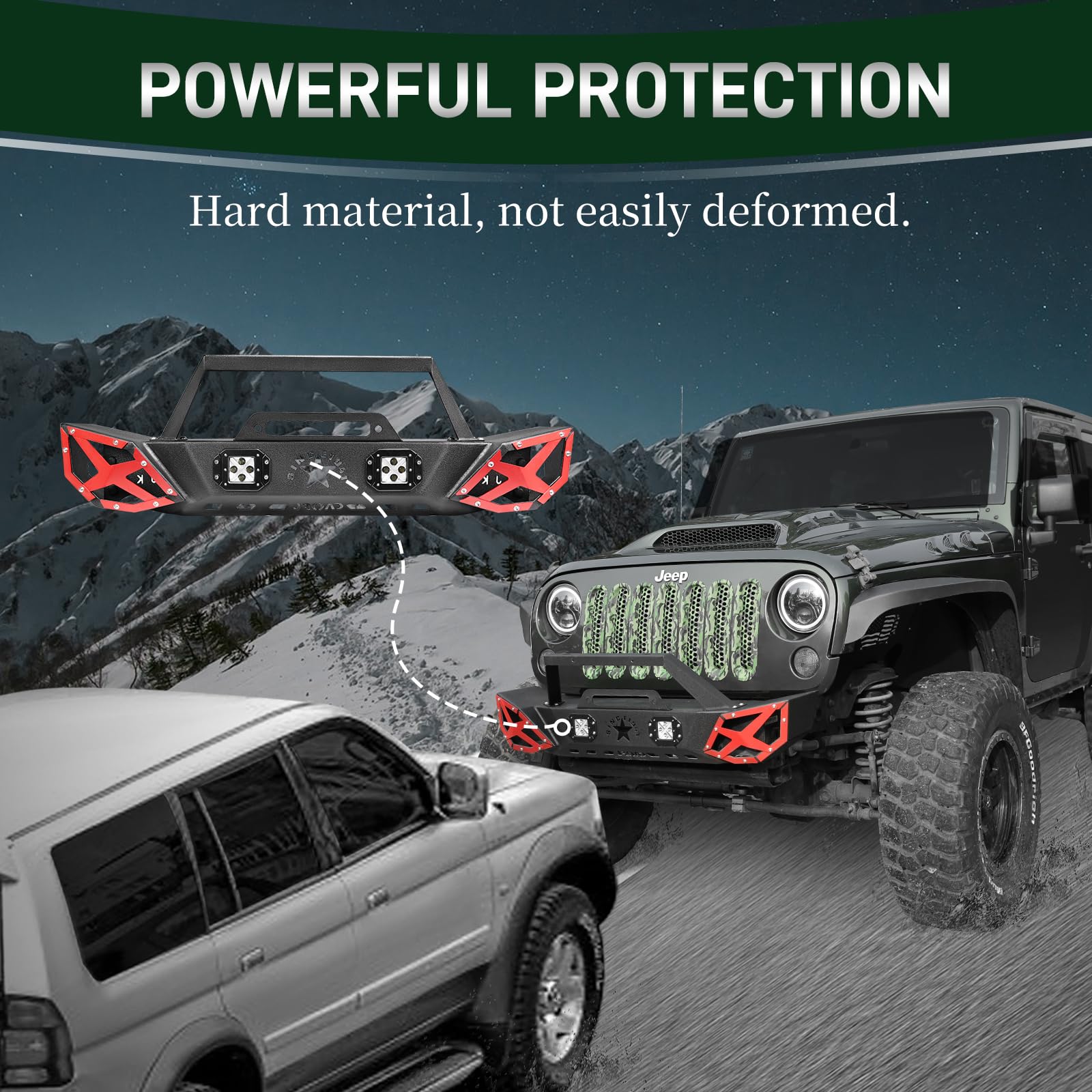 Stubby Front Bumper for Jeep Wrangler JK 2007-2018 (2/4 Door & Unlimited) with 2 LED Fog Lights & Winch Plate - Heavy Duty Steel, Textured Powder Coat - Perfect for Off-Roading & Trail Adventures