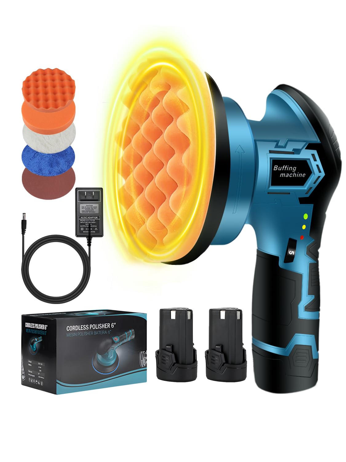 2025 Cordless Car Buffer Polisher Kit - 12V 2000mAh Lithium Battery, 6-Speed Adjustable (5000 RPM) for Detailing, Waxing & Sanding | Portable Auto Polishing Machine for Cars, Boats & RVs