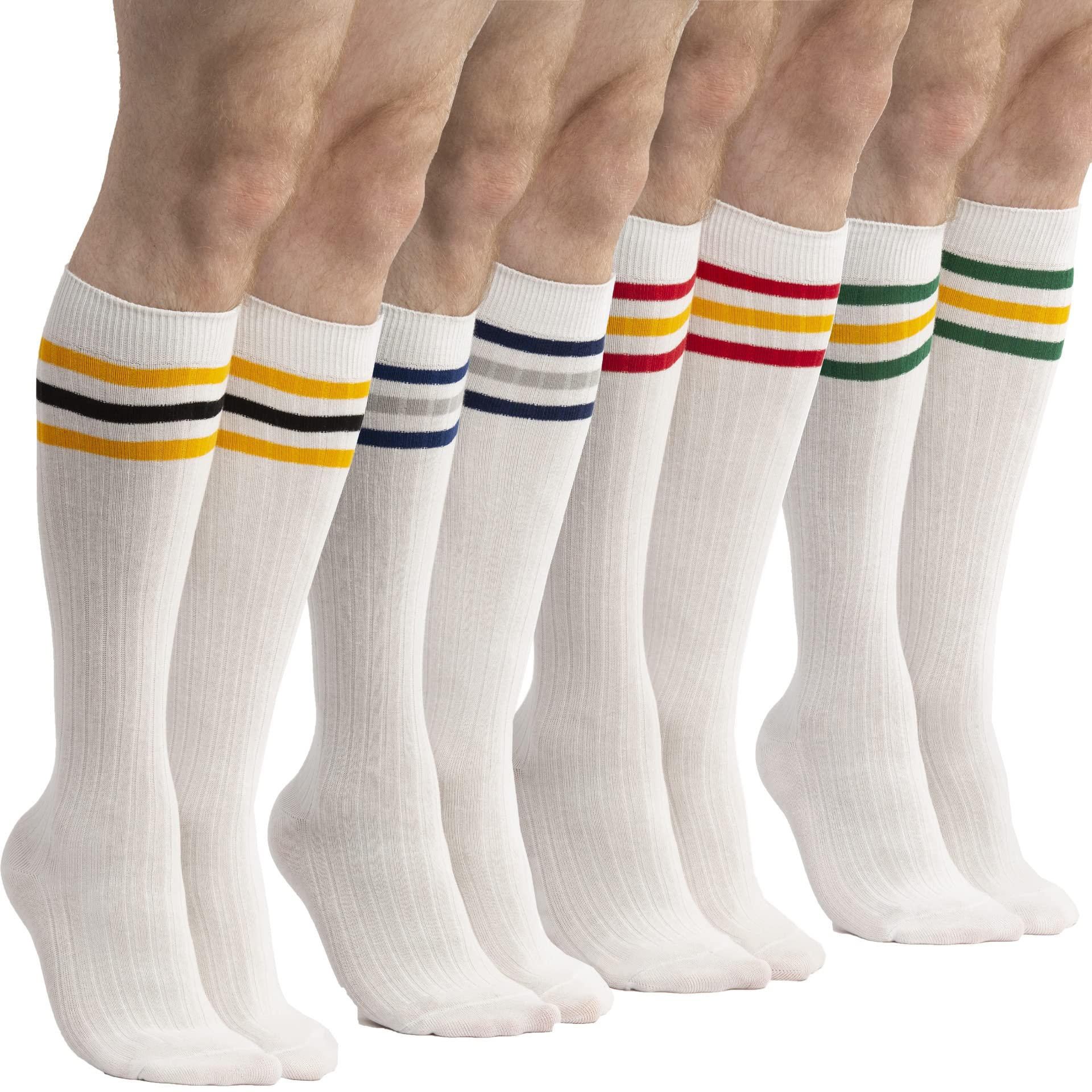 4 Pack Men's Knee High Cotton Striped Dress Socks - Over The Calf Formal Socks for Business & Office (Size 9-11) - Perfect for Work, Dress Shoes & Professional Outfits