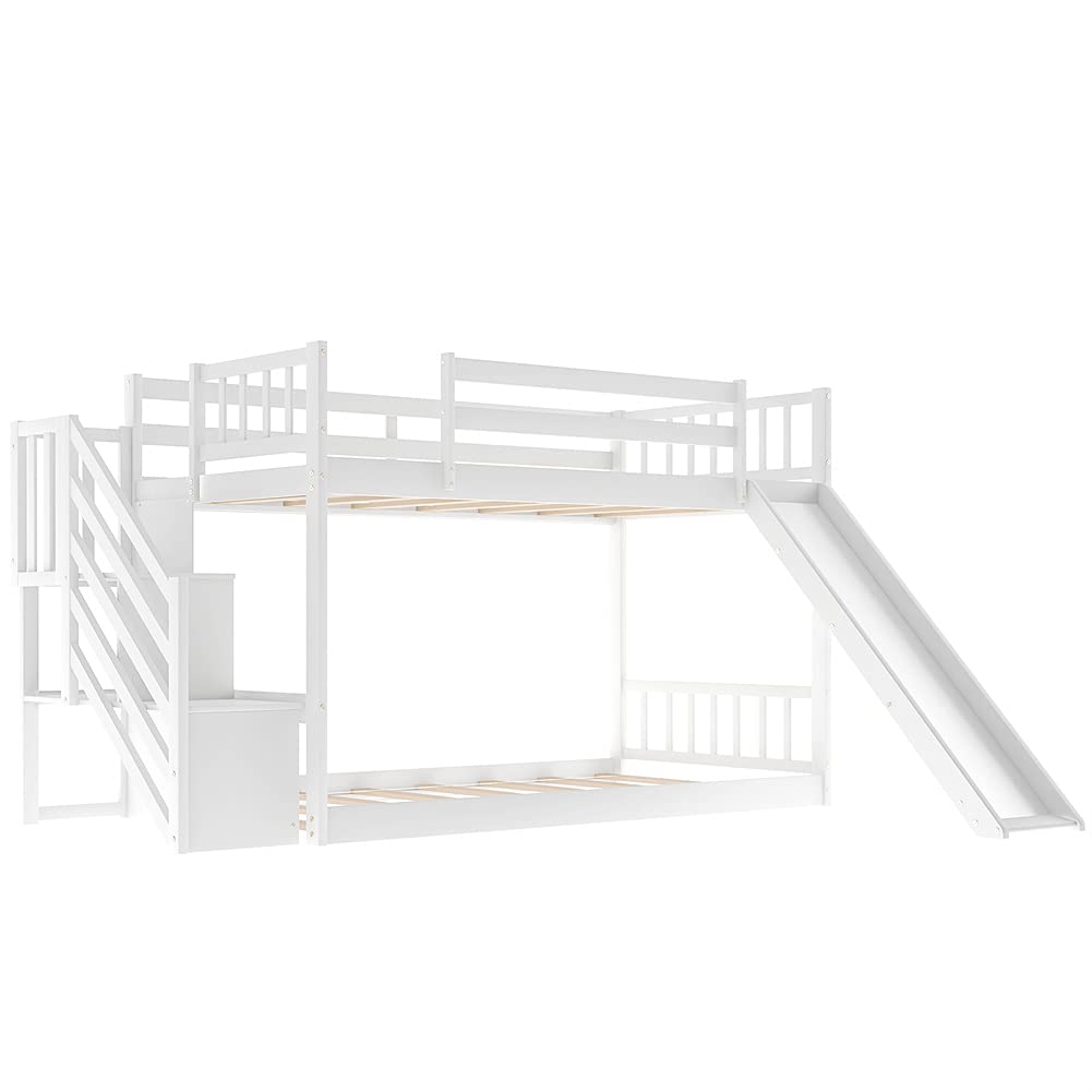 Twin Over Twin Bunk Bed with Slide & Stairs - Solid Wood Convertible Bunk Bed with Safety Guardrail, No Box Spring Required - Perfect for Kids' Bedroom, Guest Room or Vacation Home (White)