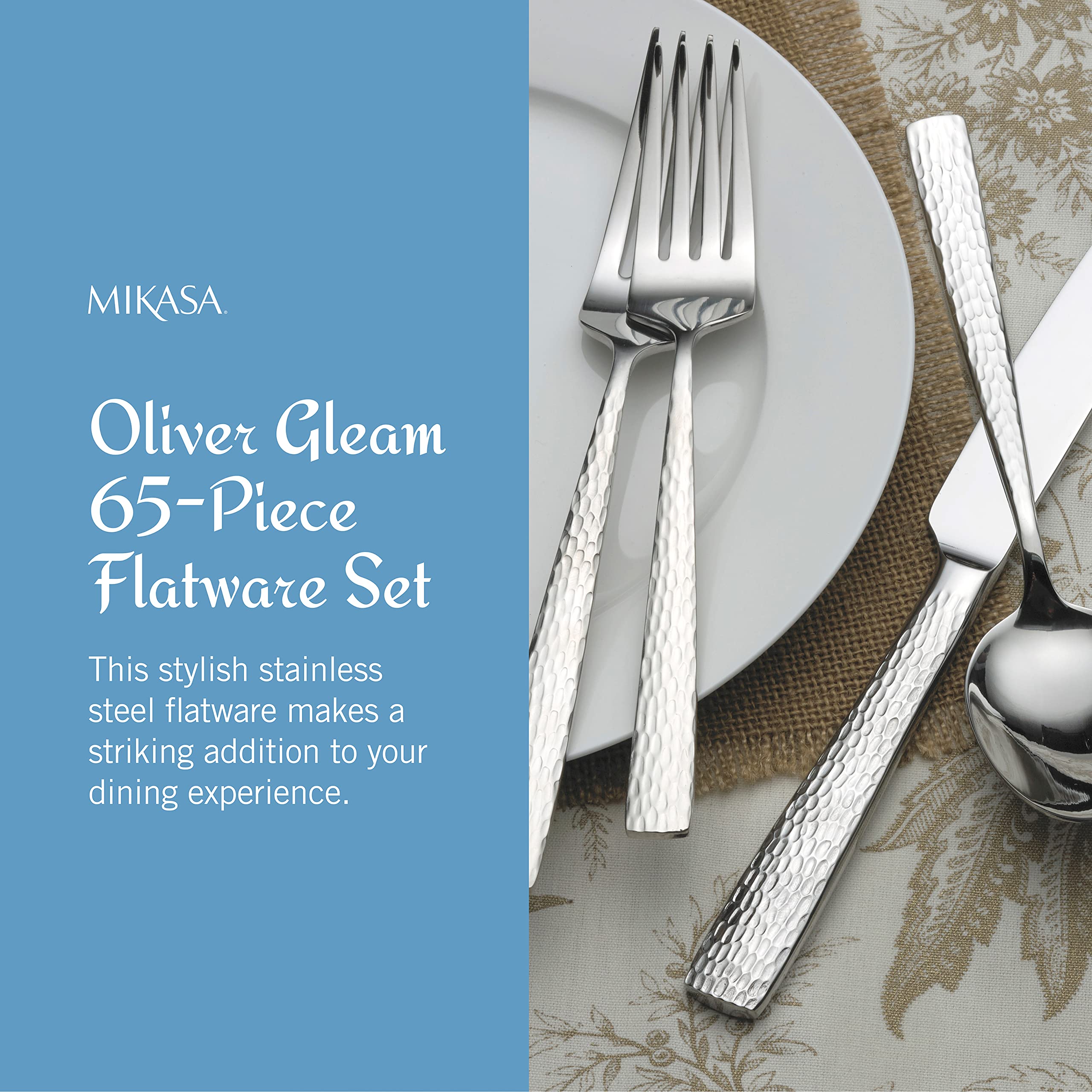 Premium Mikasa Oliver Gleam 65-Piece 18/10 Stainless Steel Flatware Set for 12 - Elegant Silverware with Serving Utensils - Perfect for Dinner Parties, Weddings & Holiday Gatherings