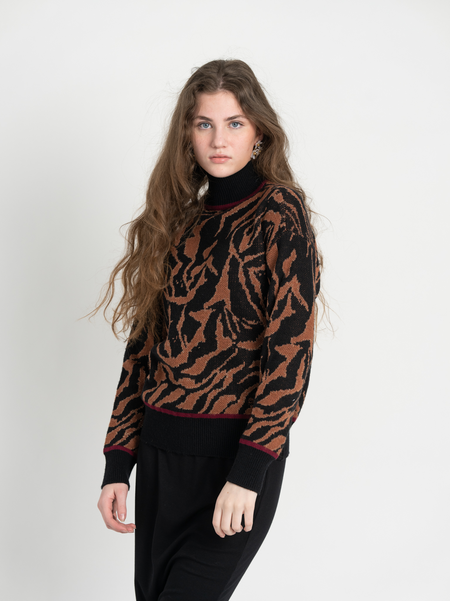 Stylish Mock Neck Leopard Print Knit Chenille Sweater for Women - Cozy Winter Fashion & Casual Outfit Essential