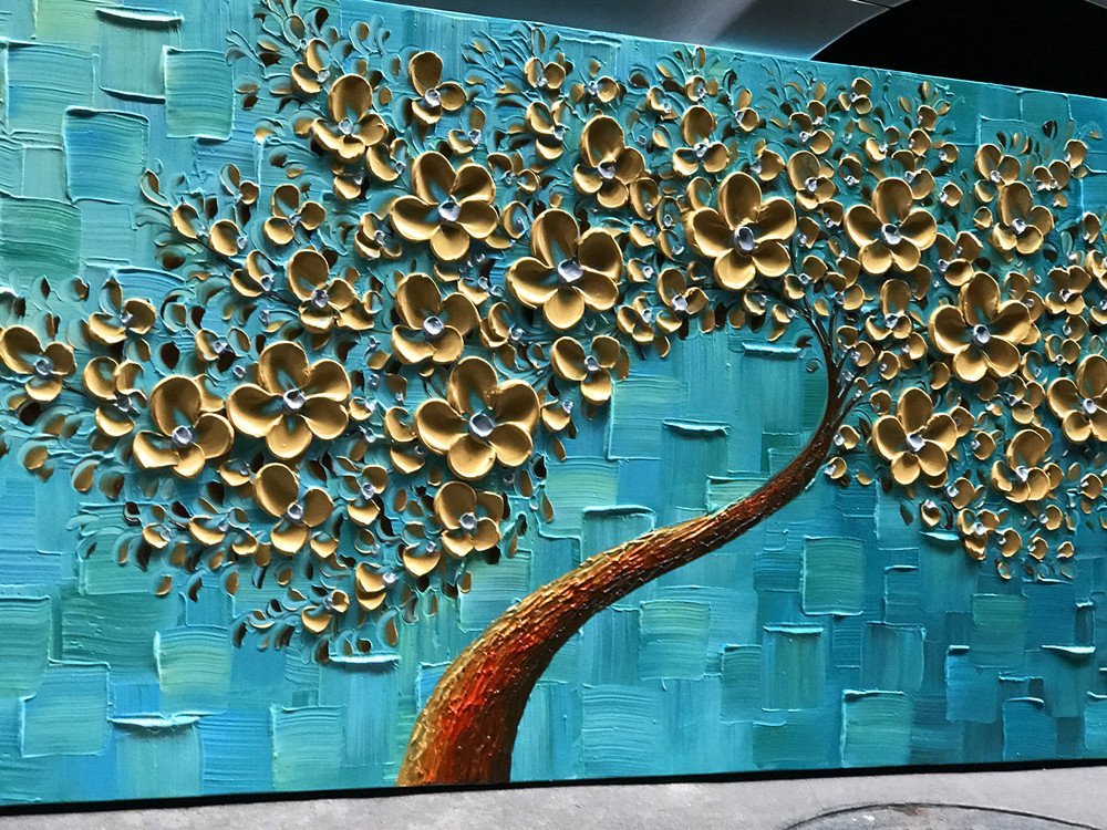 YaSheng Art - Handmade Golden Flowers Oil Painting on Canvas, Abstract Tree Texture Palette Knife Artwork, Modern Wall Decor for Bedroom, Living Room & Office (24x48 Inch) - Perfect for Home Decor, Housewarming Gifts & Interior Design