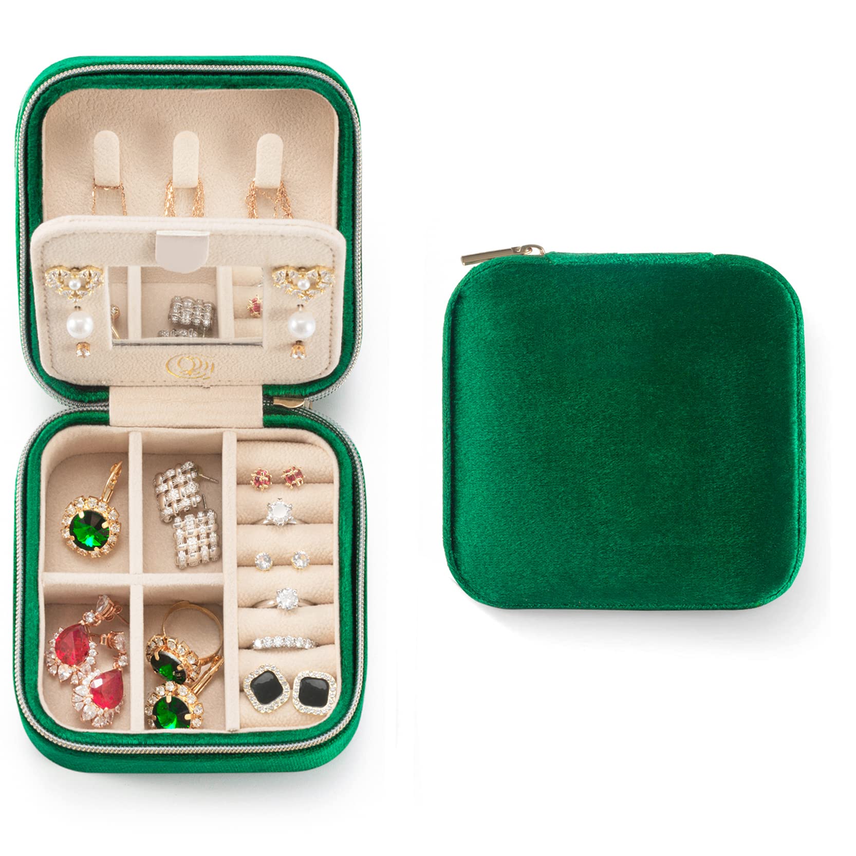 Velvet Jewelry Travel Case for Women with Mirror - Emerald Green, Perfect for Earrings & Accessories on the Go