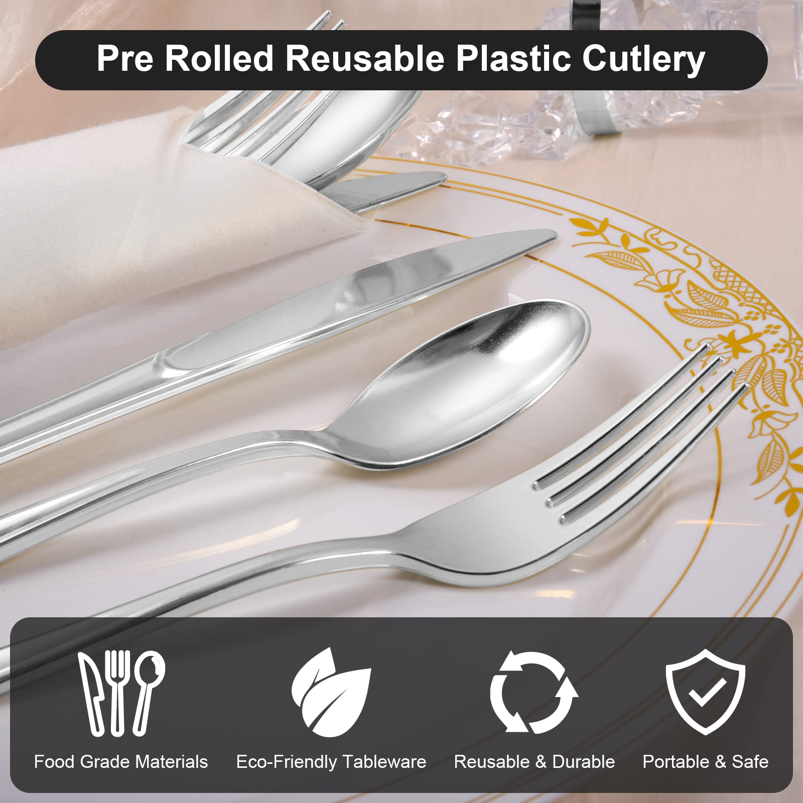 60-Piece Disposable Heavy Duty Plastic Silverware Set - Pre-Rolled Silver Plastic Cutlery with Napkins (60 Forks, 60 Knives, 60 Spoons) for Wedding, Party, Catering & Outdoor Events - Bulk Utensils for Dinner, Picnic & Office Use