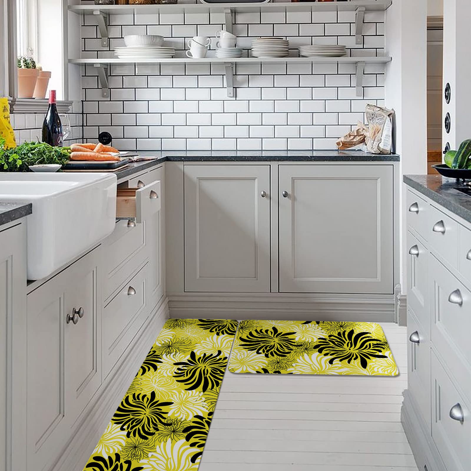 2-Pack Black & White Chrysanthemum Kitchen Rugs - Non-Slip Absorbent Floor Mats for Kitchen, Bathroom, Living Room & Laundry - Fall Decor Runner Set with Yellow Backdrop | Perfect for Home Decor, Holiday Gifts & Cozy Autumn Vibes