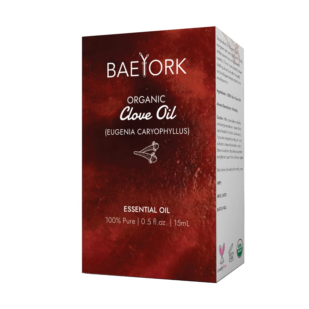 Baeyork 100% Pure Organic Indonesian Clove Essential Oil - 15ml | PETA Certified Cruelty-Free & Vegan | Aromatherapy, Diffusers, DIY Skincare, Massage & Home Fragrance