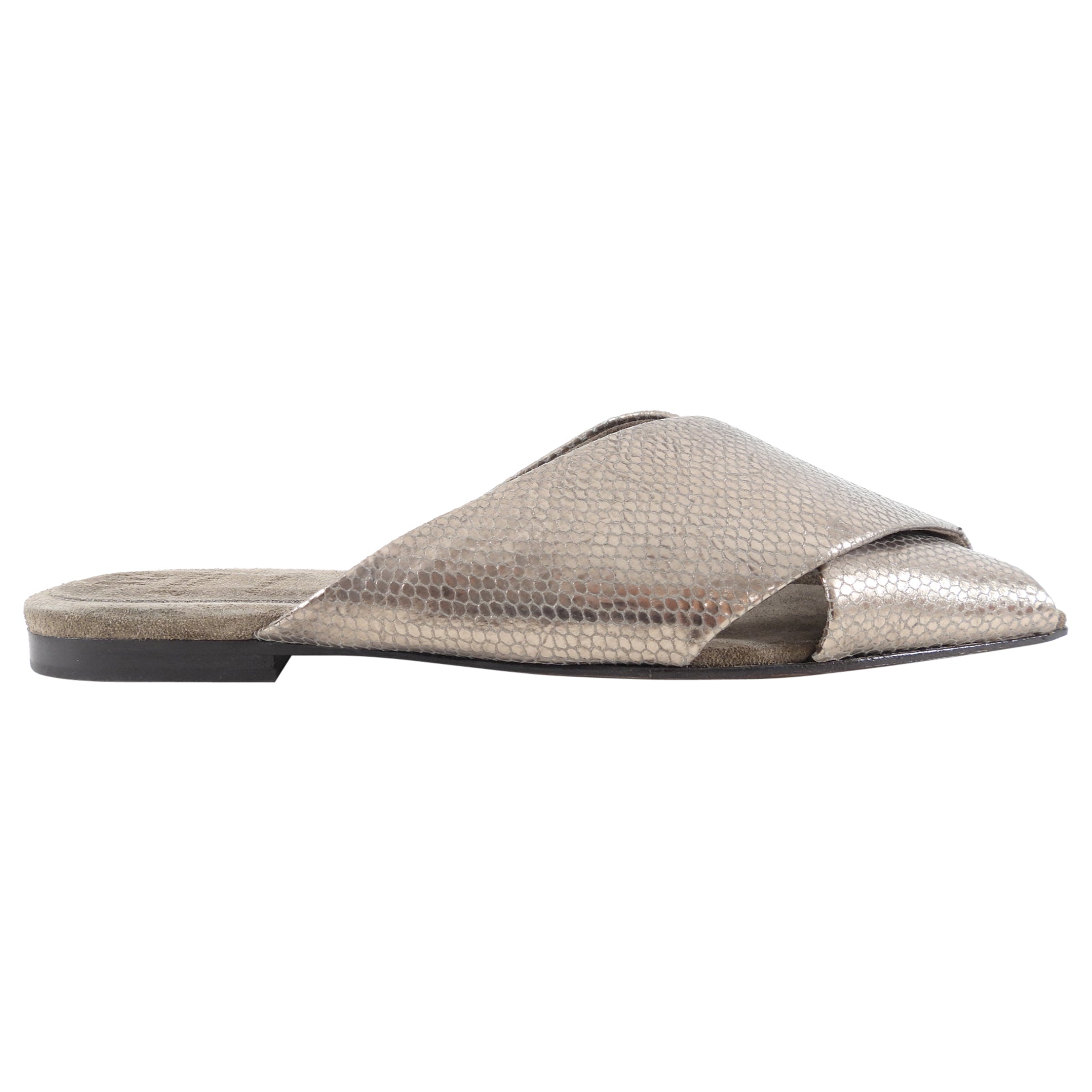 Brunello Cucinelli Pewter Metallic Leather Flat Slides - Women's Size 38.5 / 8 | Luxury Comfortable Slip-On Sandals for Casual Wear & Summer Outfits