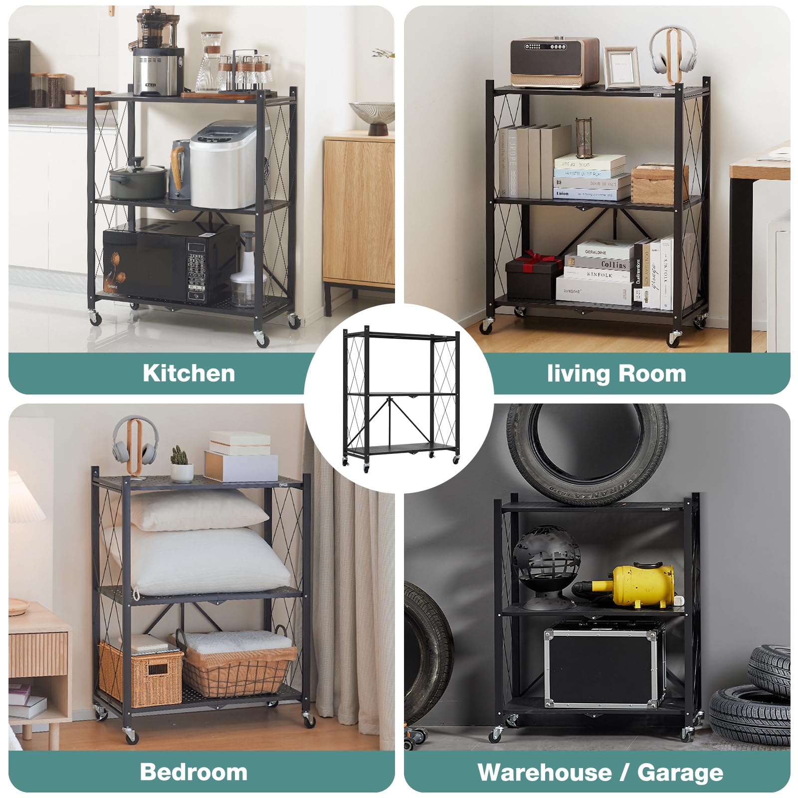 3-Tier Black Metal Storage Shelves with Wheels - No Assembly Bookshelf for Kitchen, Office, Laundry & Garage - Heavy Duty Rolling Utility Rack for Organizing Pantry, Closet, Workshop or Retail Space