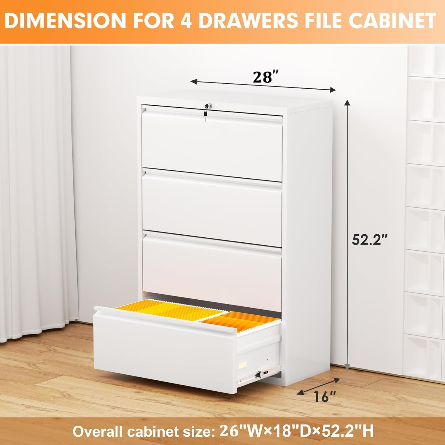 INTERGREAT 4-Drawer Metal Lateral File Cabinet - Locking Horizontal Office Storage for Letter, Legal, F4 & A4 Hanging Files - Home Office Organization Solution (White) | Perfect for Document Storage, Office Filing & Workspace Organization