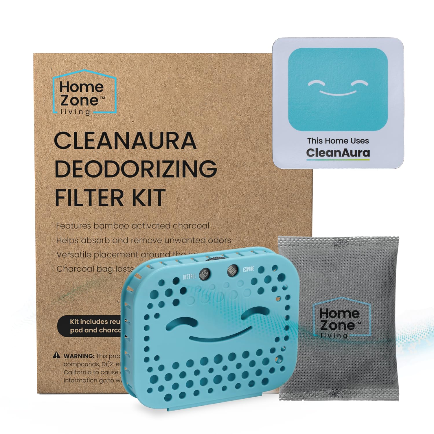 Home Zone Living CleanAura Deodorizing Filter Kit with Charcoal Filter Bag & Magnetic Sticker - Odor Eliminator for Home, Kitchen, Bathroom, Closet, and Pet Areas