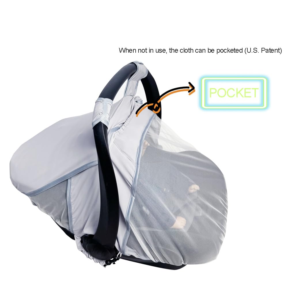 RHYDEER 2-in-1 Baby Car Seat Cover with Mosquito Net & Sun Shade - Breathable Grey Infant Car Seat Protector for UV Protection & Bug Prevention - Perfect for Strollers, Travel, and Outdoor Adventures