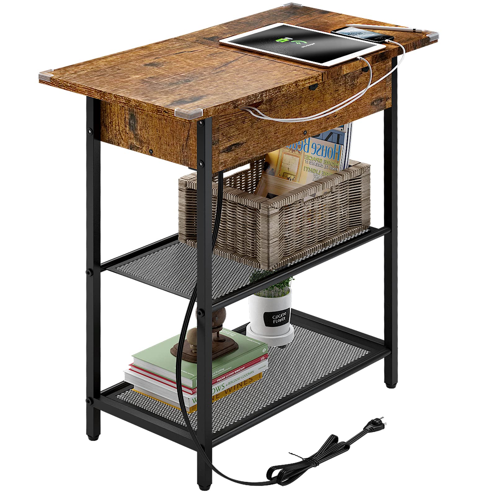 SAUCE ZHAN Narrow End Table with USB Ports & Outlets, Small Space Sofa Side Table with Storage Shelf - Charging Station Nightstand for Bedroom, Living Room, Office - Brown Wood Finish | Perfect for Compact Spaces, Phone Charging & Bedside Storage