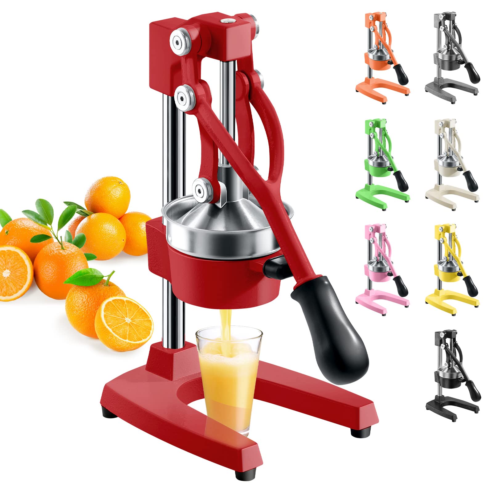 Stainless Steel Manual Citrus Juicer Press - Heavy Duty Orange, Lemon & Lime Squeezer - 16 Inch Professional Hand Juicer - Premium Easy Clean Kitchen Tool for Fresh Juice, Cocktails & Healthy Drinks (Red)
