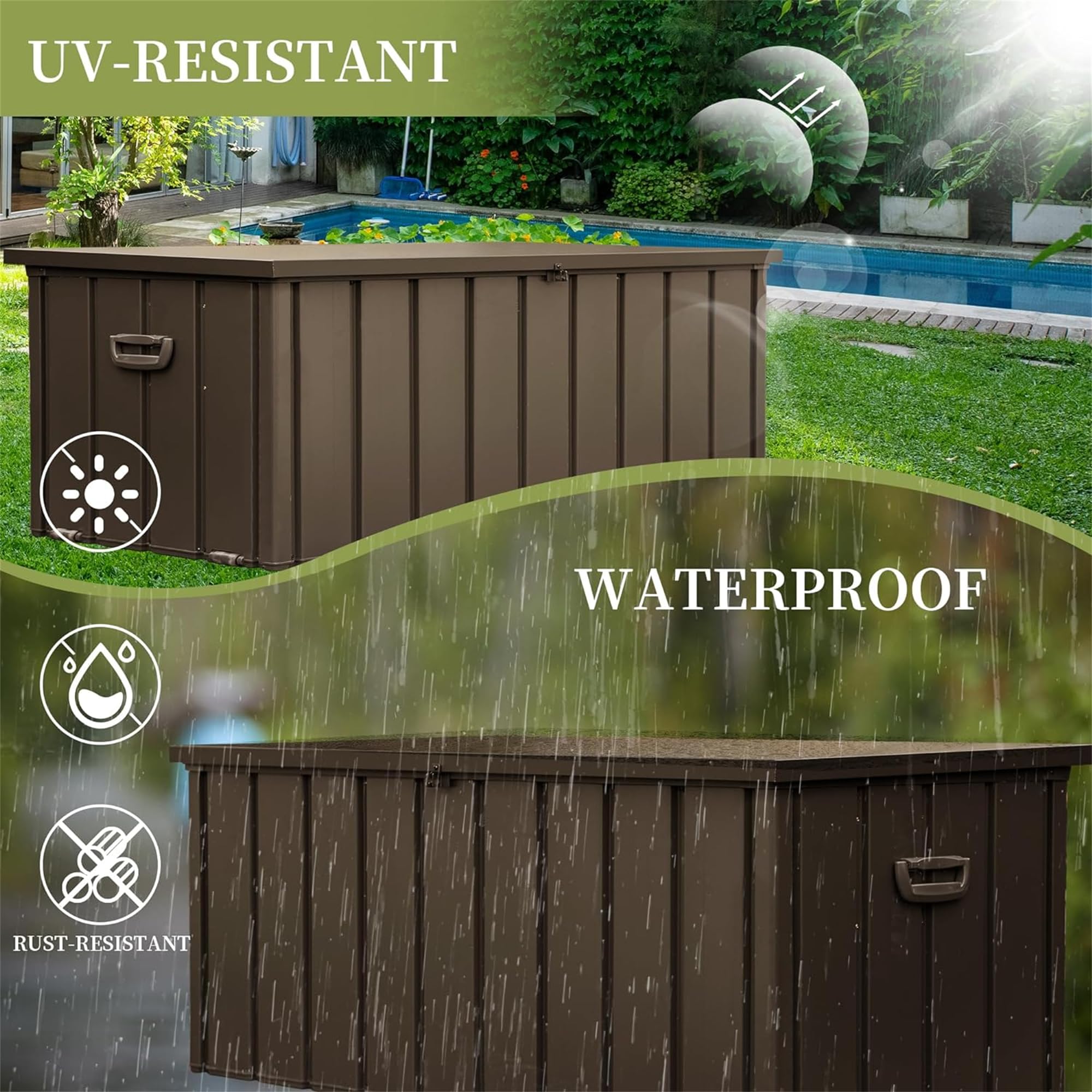 120 Gallon Outdoor Deck Box - Waterproof Patio Storage Bench for Cushions, Garden Tools & Pool Accessories | Durable Dark Brown Deck Storage for Backyard, Patio & Poolside Organization