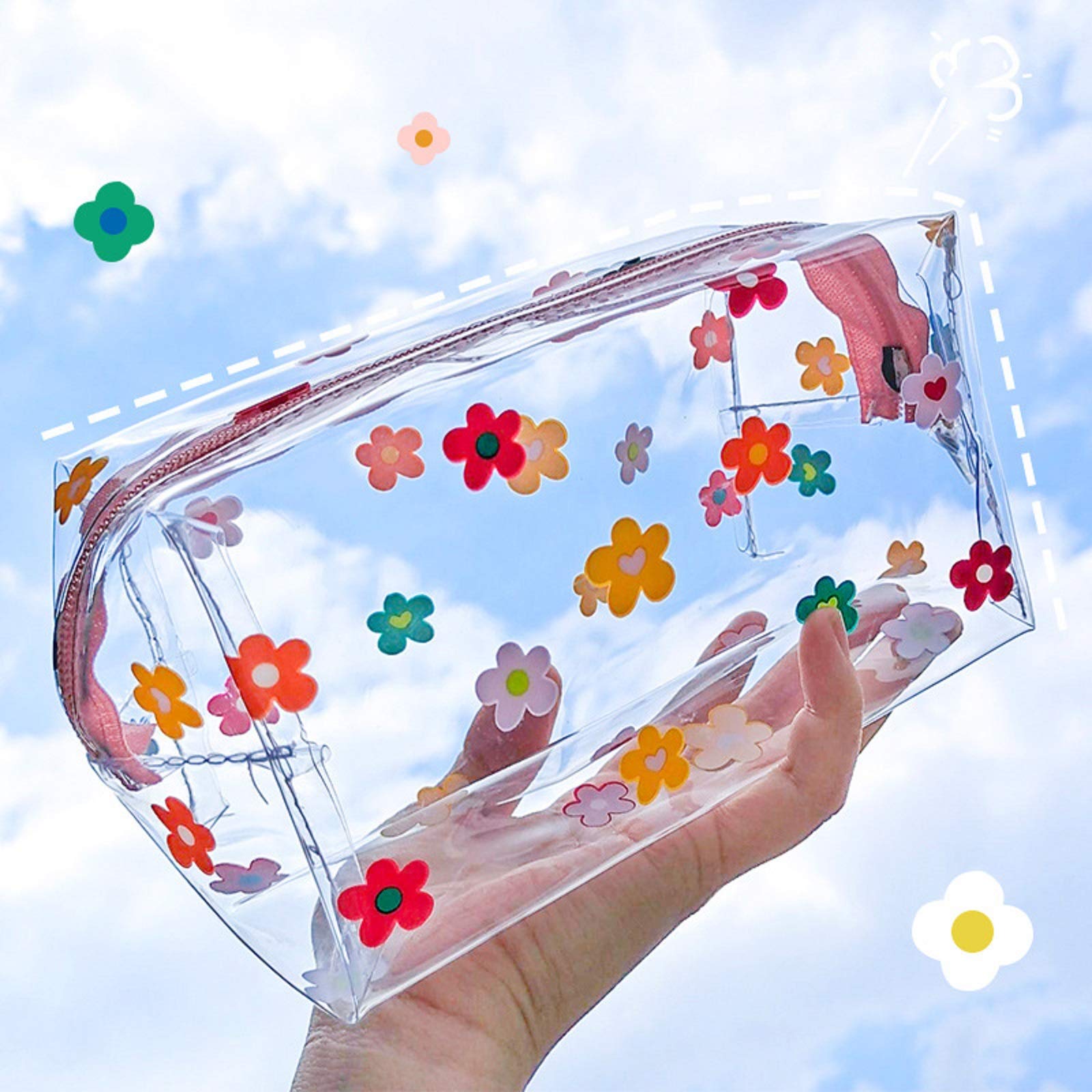 ASkinds Clear Waterproof Cosmetic Bag - Cute Cartoon Flower Design Transparent Makeup Pouch for Women | Portable Travel Toiletry Organizer | Perfect for Gym, Travel & Daily Storage