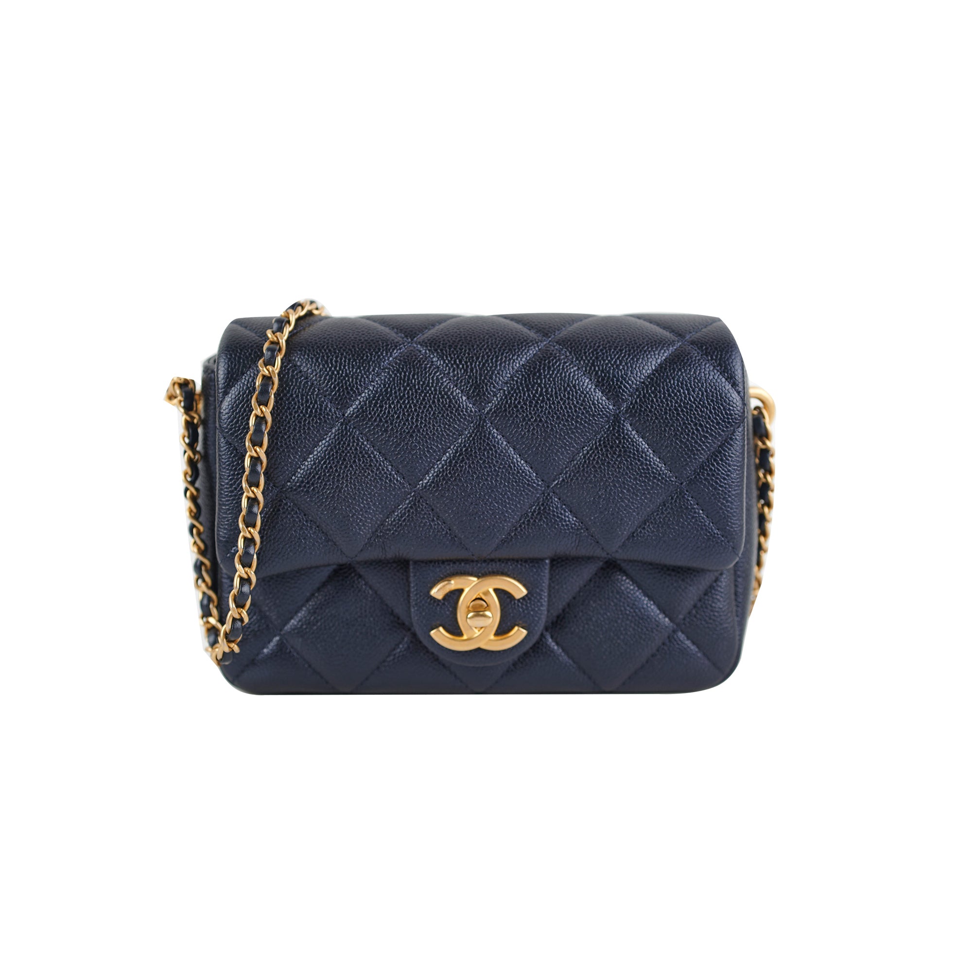 Chanel Perfect Mini Classic Flap Bag Iridescent Navy Blue Leather Crossbody Purse for Women | Luxury Evening Party & Date Night Accessory