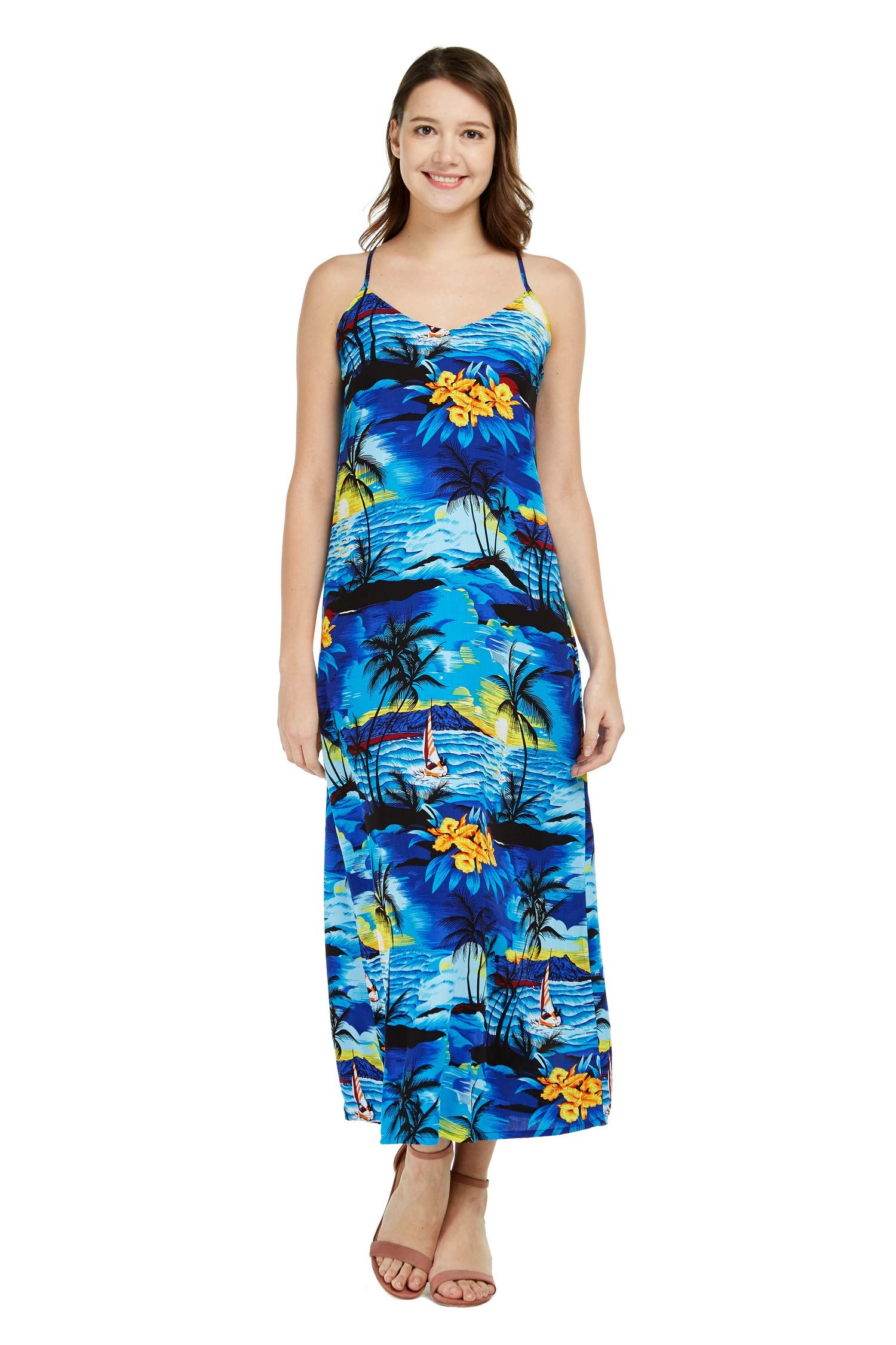 Women's Hawaiian Luau Sunset Blue Maxi Sweetheart Dress - Floral Summer Beach Dress for Tropical Vacation, Pool Party & Island Getaway