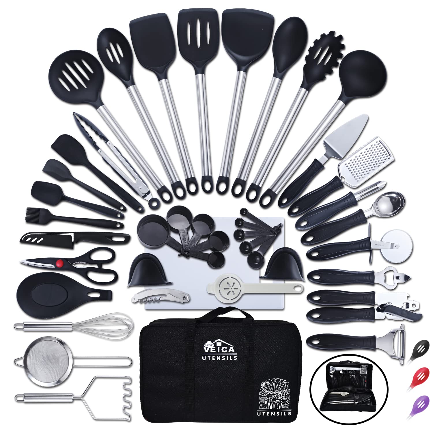 43-Piece Premium Kitchen Utensil Set - Stainless Steel & Nylon Cooking Tools with Storage Bag - Complete Baking, Cooking & Spatula Set - Ideal for Home Chefs, Baking Enthusiasts & Kitchen Organization (Black)