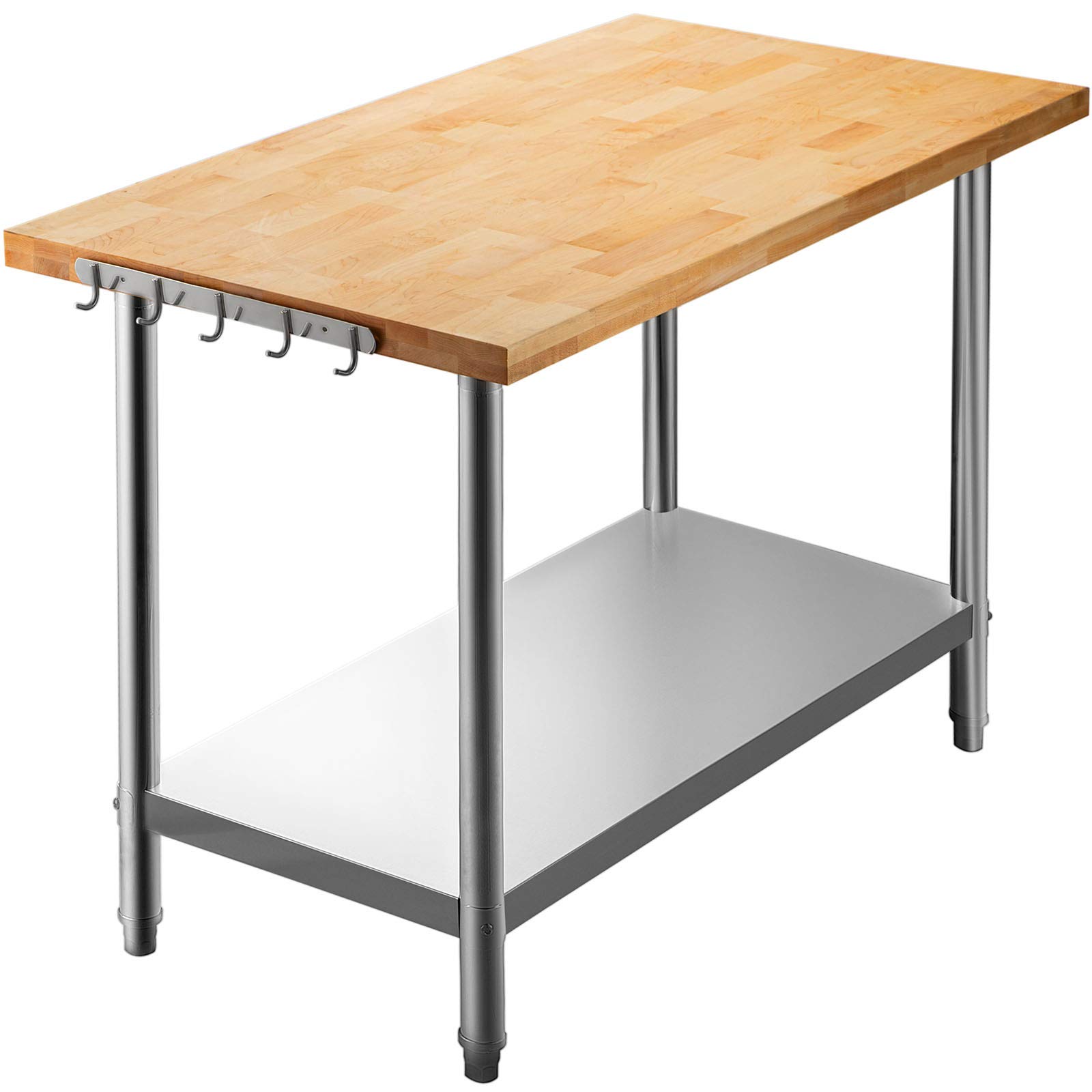 VEVOR 48 x 24 Inches Stainless Steel Kitchen Prep Table with Maple Wood Top & Lower Shelf - Heavy Duty Work Table for Food Preparation, Commercial Kitchen, Restaurant & Outdoor Cooking