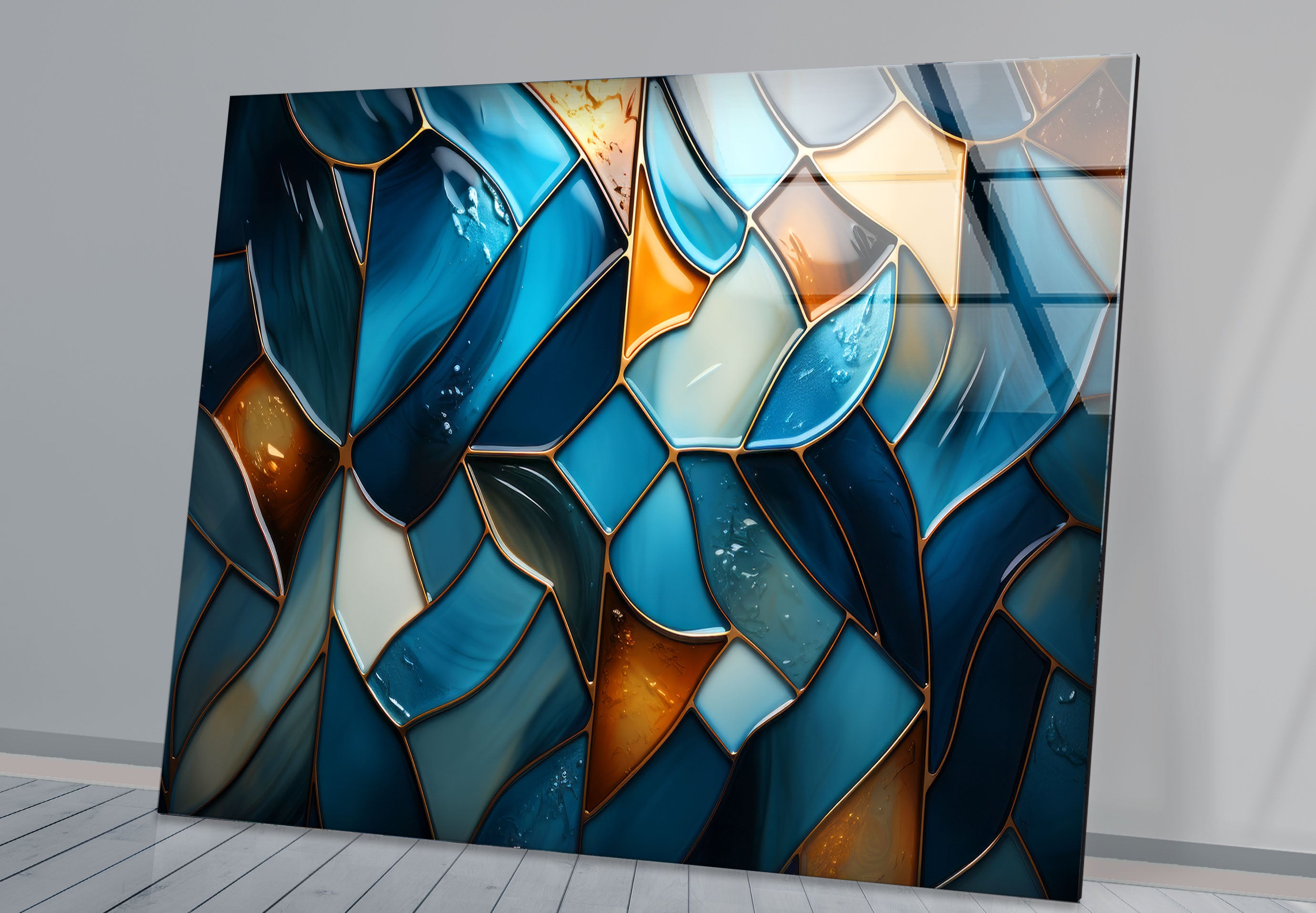 Blue Stained Glass Wall Art - Abstract Mosaic Glass Print Decor for Living Room, Bedroom & Office | Handmade Modern Home Decor