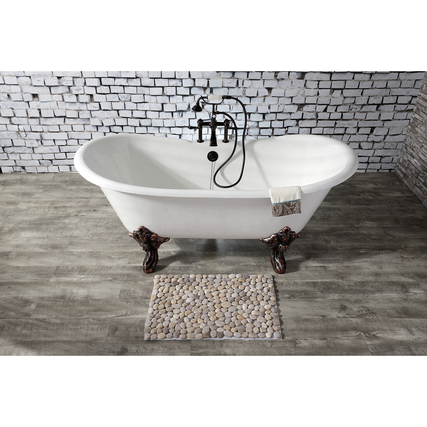Aqua Eden 67 Inch White Cast Iron Clawfoot Bathtub - Oil Rubbed Bronze Double Slipper Oval Tub with 7