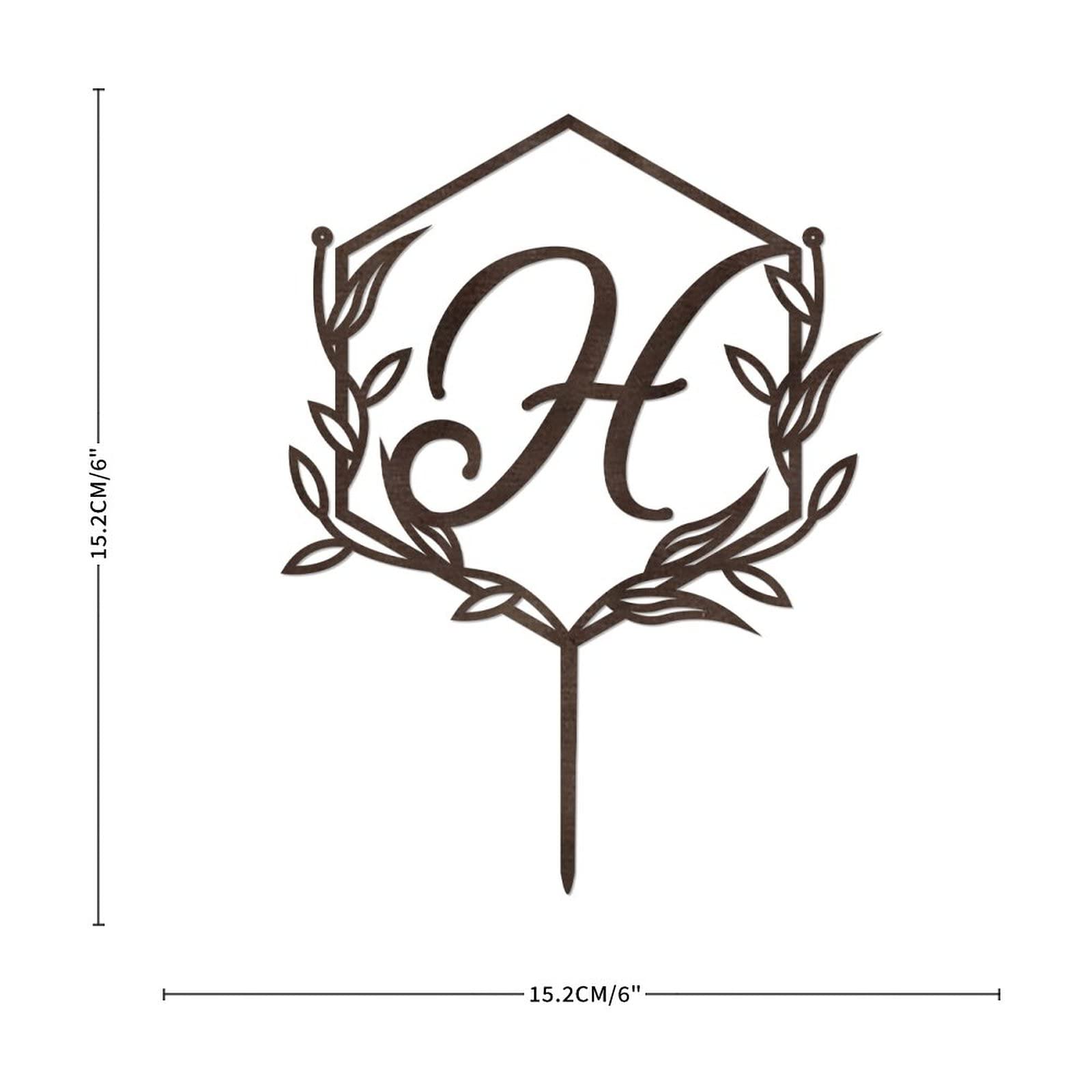 Personalized Initial H Cake Topper - Rustic Brown Wooden Monogram Wreath for Wedding Cakes, Birthday Desserts & Anniversary Celebrations (Design 09)