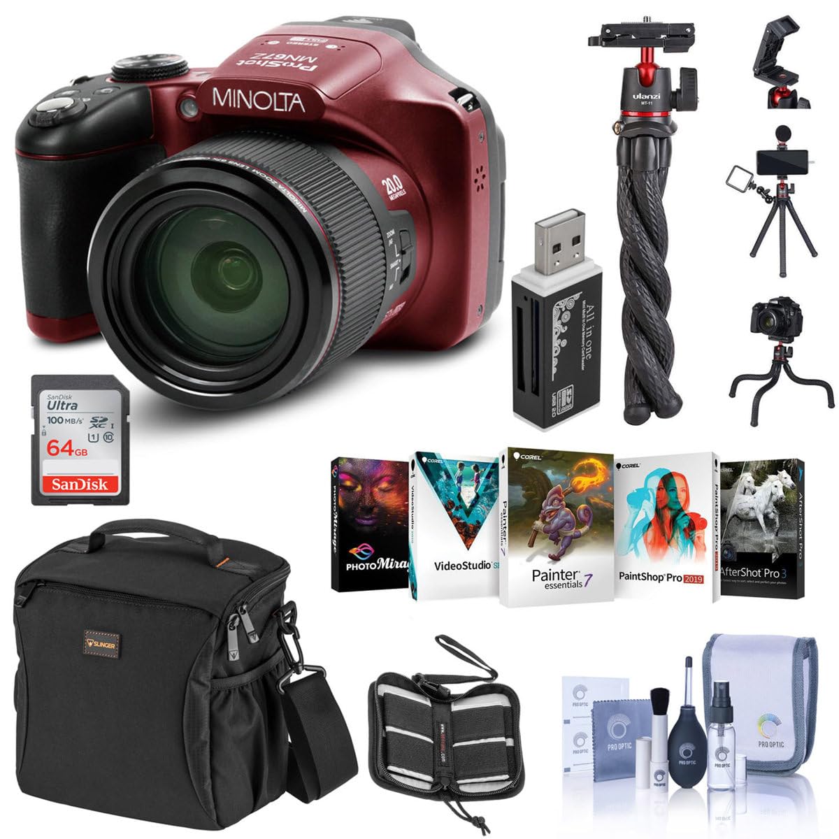 Minolta MN67Z 20MP Full HD Wi-Fi Bridge Camera with 67x Optical Zoom (Red) - Essential Bundle Includes Camera Bag, Memory Card, Octopus Tripod & Corel Software - Perfect for Travel Photography, Wildlife Shooting & Outdoor Adventures