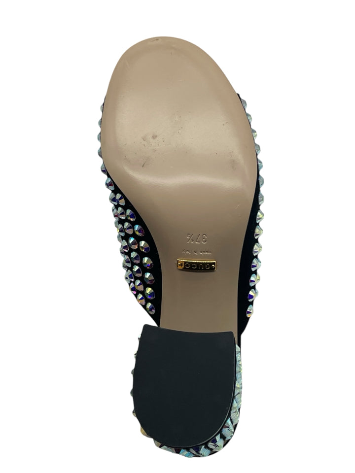 Gucci Embellished Suede Mules for Women - Size 37.5 (US 7.5) | Luxury Slip-On Loafers with Rhinestone Details - Perfect for Casual Outings, Office Wear & Special Occasions
