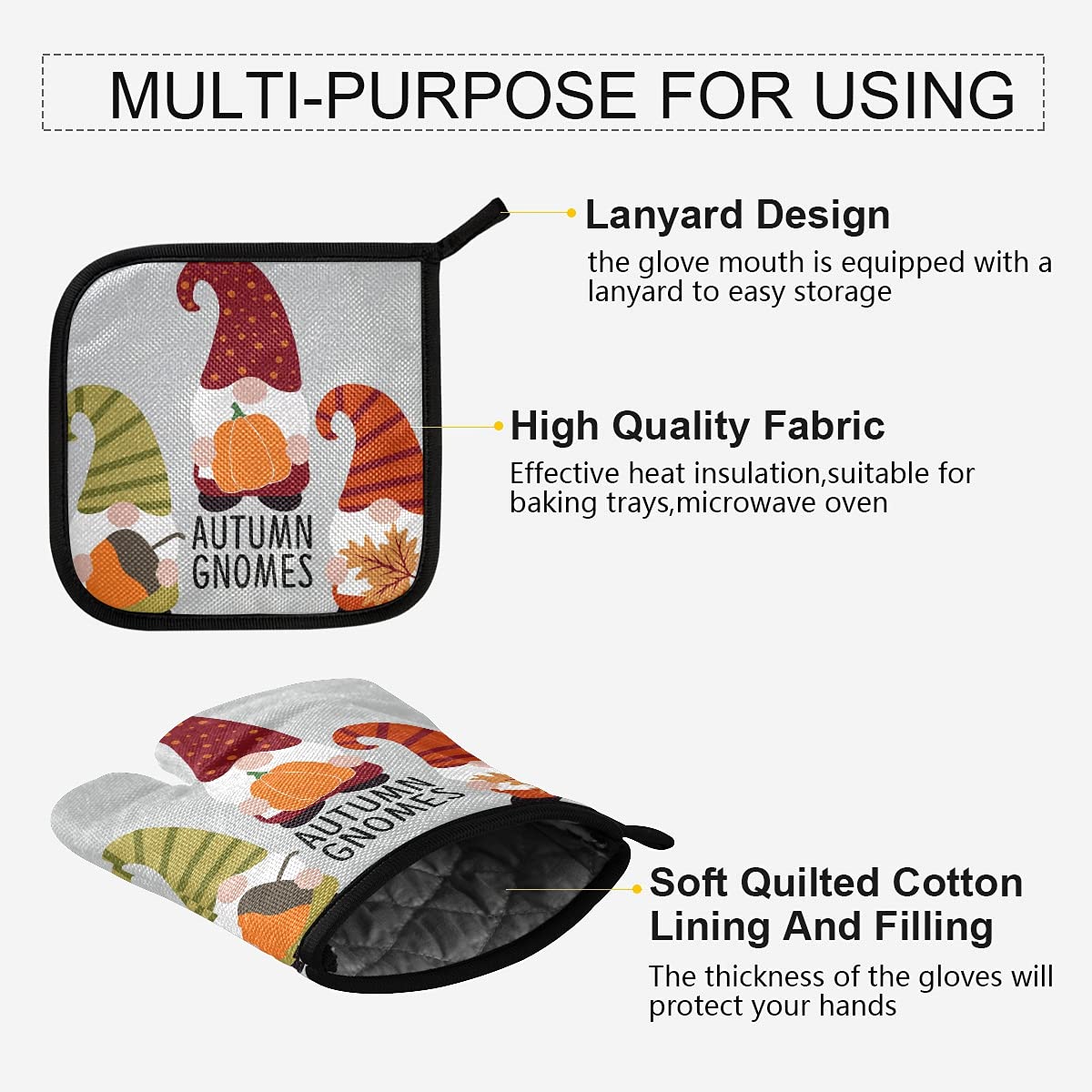 Autumn Gnomes Oven Mitts and Pot Holders Set - 2-Piece Non-Slip Heat Resistant Kitchen Gloves with Fall Maple Pumpkin Design for Baking, Cooking, BBQ - Perfect for Thanksgiving Dinner & Cozy Home Decor