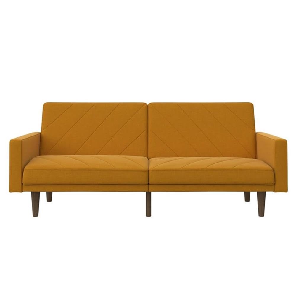 Pemberly Row Futon in Mustard Yellow Linen - Modern Convertible Sofa Bed for Small Spaces, Living Room & Guest Room