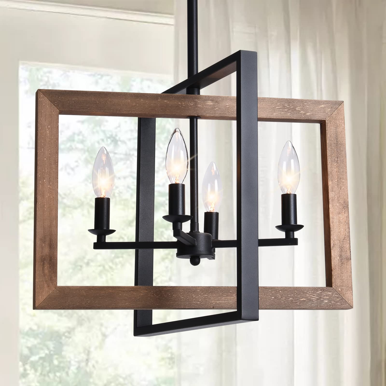 Farmhouse Chandelier - Rustic Wood & Metal Kitchen Island Pendant Light - Industrial Style Dining Room & Pool Table Lighting for Home Decor