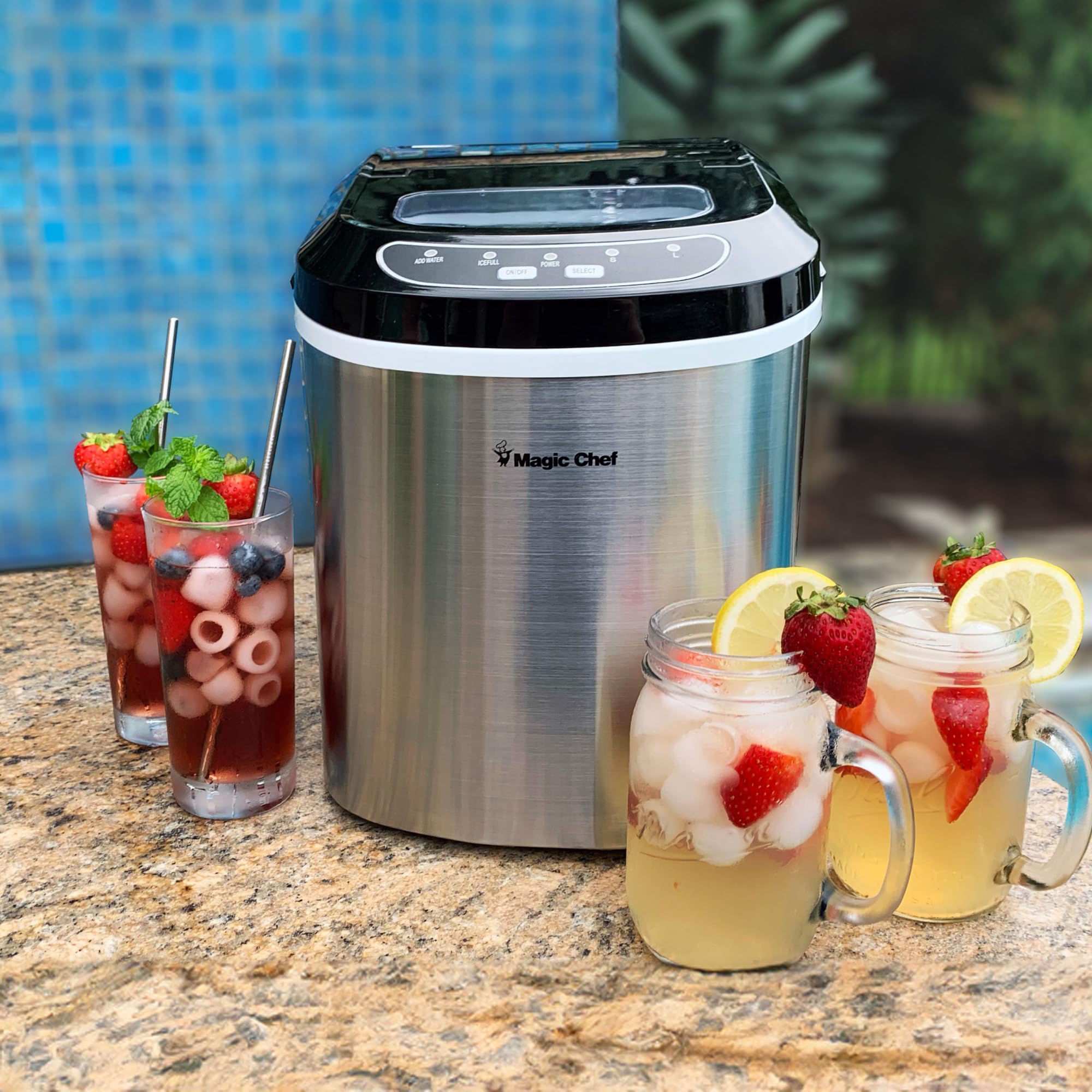 Magic Chef Portable Countertop Ice Maker - 27lb Capacity Stainless Steel Small Ice Machine for Kitchen, Home Bar & Parties | Perfect for Cocktails, Beverages & Outdoor Gatherings