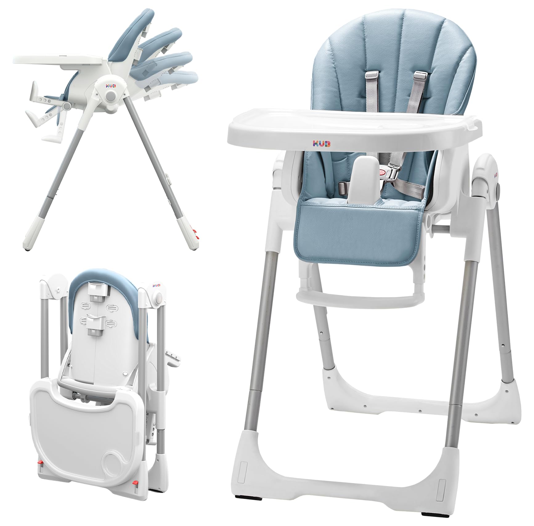 KÜB 3-in-1 Foldable Baby High Chair with Removable Tray - Adjustable Height & Recline for Infants & Toddlers | Safe & Portable for Dining, Travel & Home Use | Blue