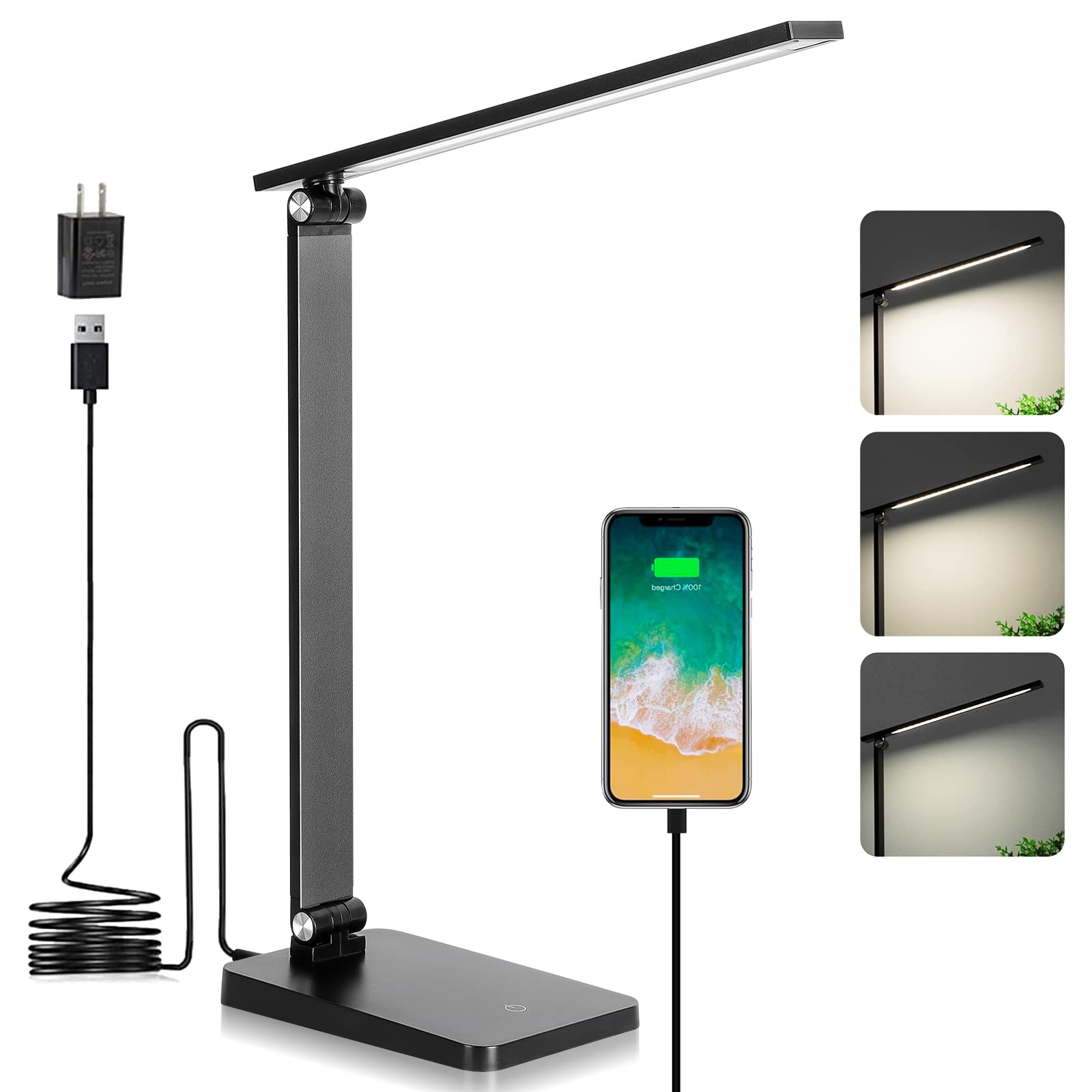 LED Desk Lamp with USB Charging Port - 3-Level Dimmable 5000K Study Light for Home Office, Reading & Work - Black Modern Table Lamp for Students, Professionals & Nighttime Use