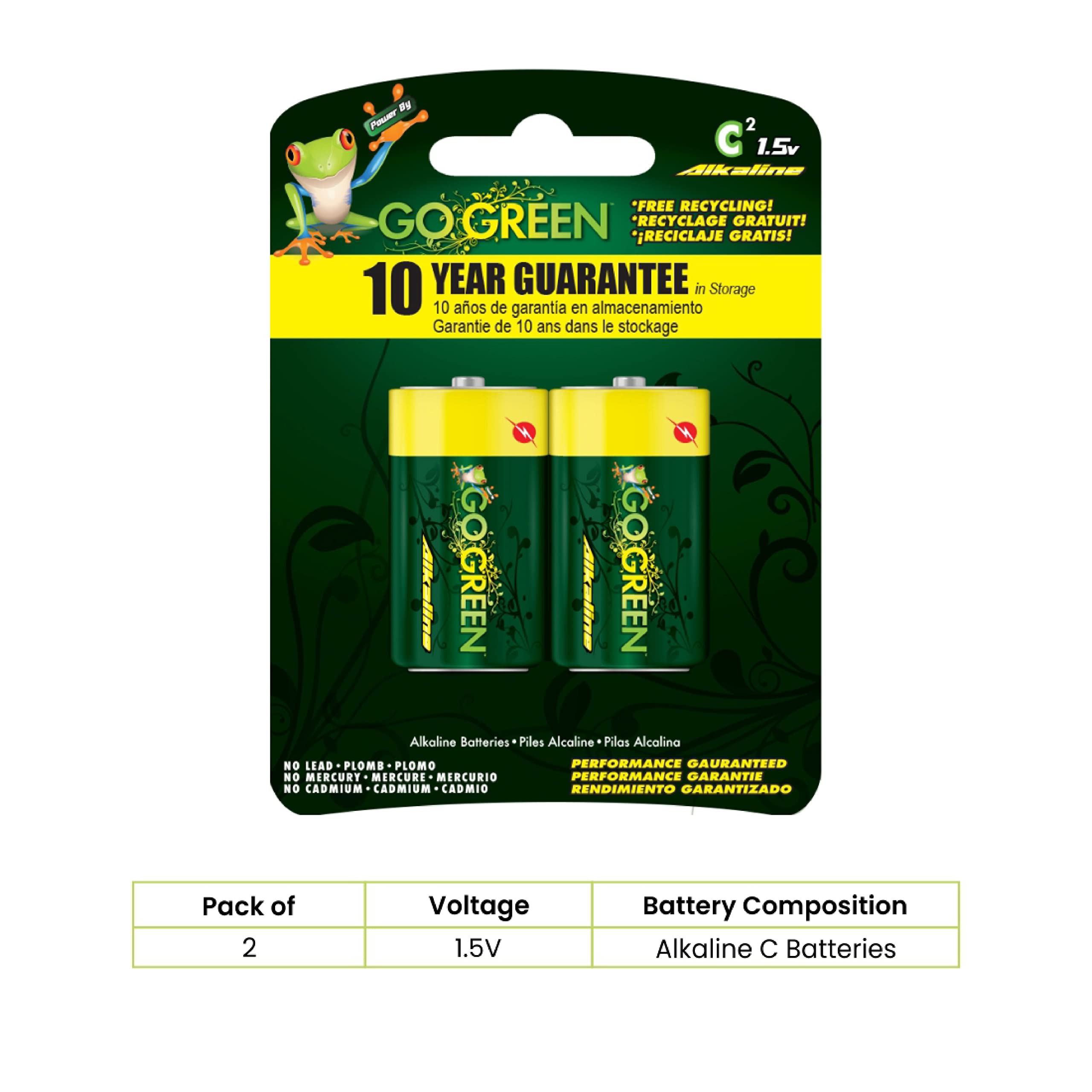 GoGreen Power (24003) Eco Friendly Alkaline C Batteries - No Lead, Cadmium or Mercury - 2 Pack - Perfect for Toys, Flashlights, and Emergency Kits