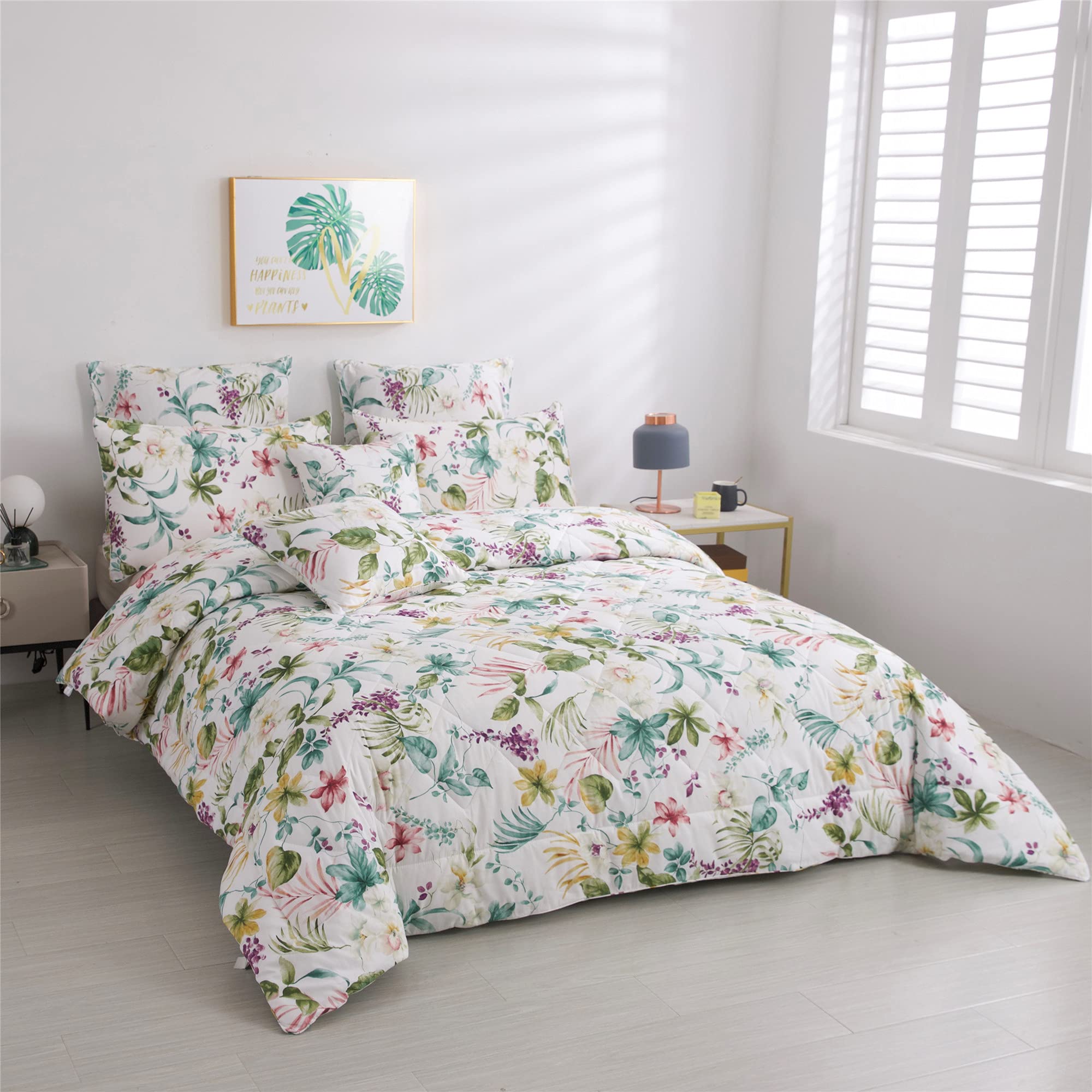 FADFAY White Floral King Size Comforter Set - 100% Cotton Reversible Duvet Cover with Soft Microfiber Fill, 3-Piece Lightweight All Season Bedding | Perfect for Master Bedroom, Guest Room & Cozy Home Decor