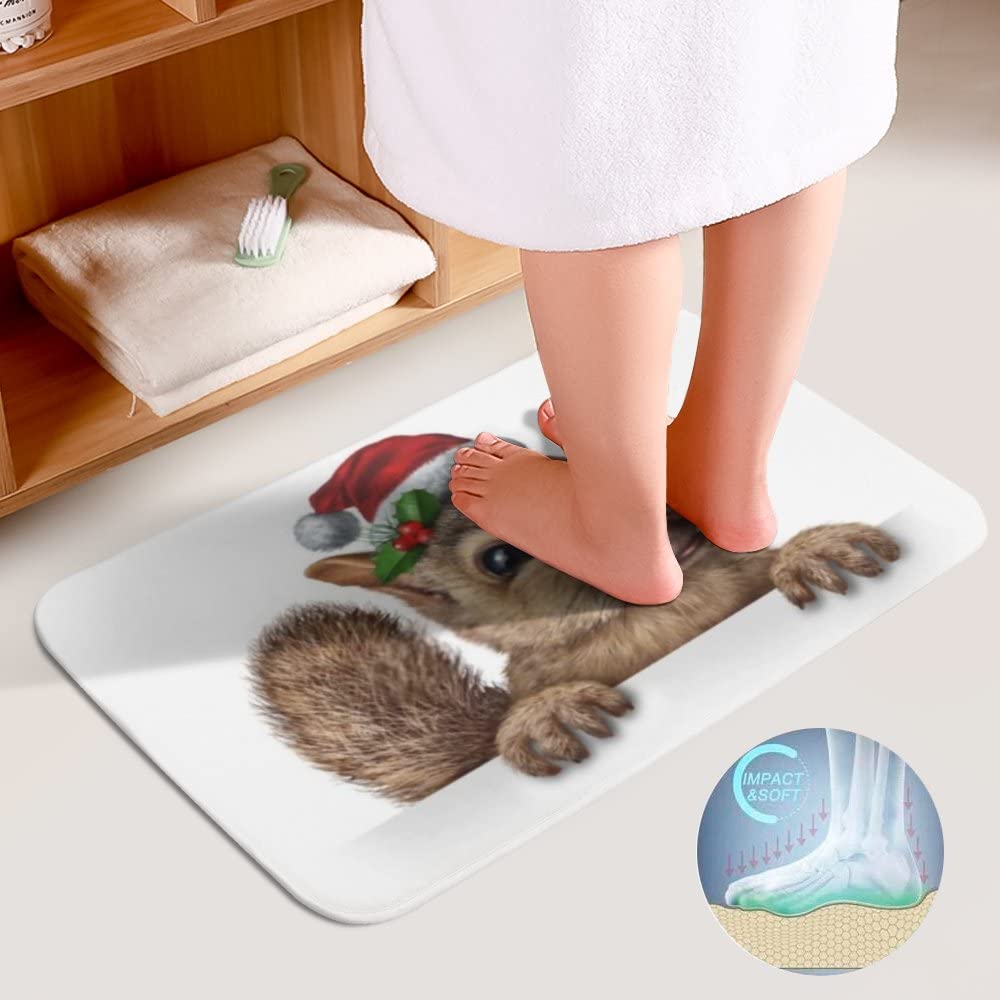 3-Piece Christmas Squirrel Bath Rug Set - Anti-Slip Absorbent Bath Mats with Red Hat Design, Toilet Lid Cover & U-Shaped Contour Rug - Machine Washable for Holiday Bathroom Decor