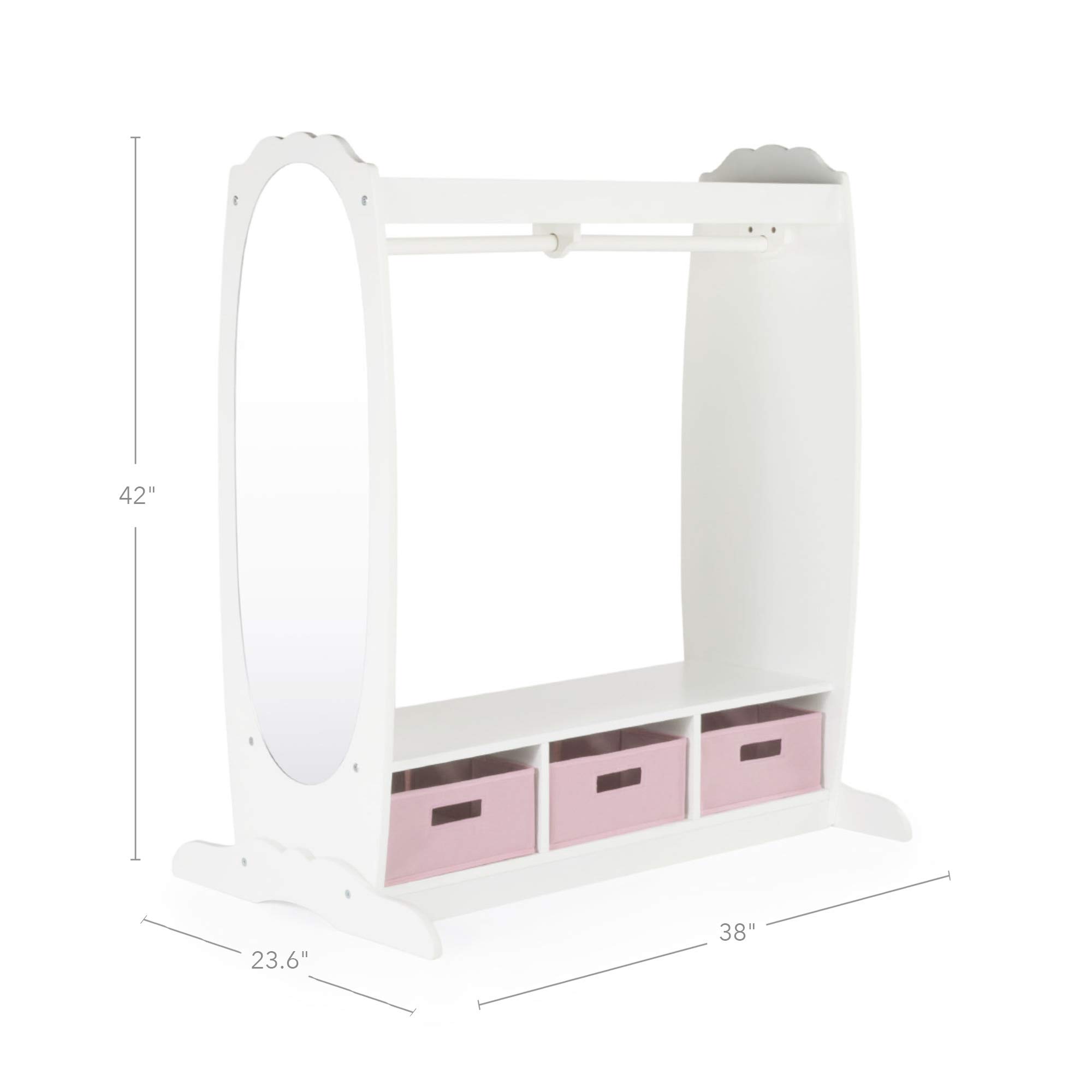 Guidecraft White Dress Up Storage for Kids - Toddler Costume Rack with Mirror & Fabric Bins | Playroom Organization, Preschool Dress-Up Corner, Bedroom Closet Storage Solution