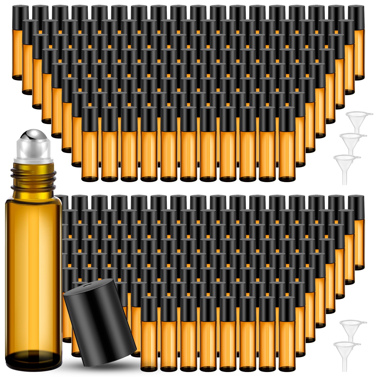 Sumind 250 Pcs 10ml Empty Essential Oil Roller Bottles with Stainless Steel Balls - Leakproof Glass Roll On Bottles with 5 Funnels for DIY Perfume, Aromatherapy & Travel - Perfect for Essential Oils, Massage Blends & On-The-Go Fragrance Application (Amber)
