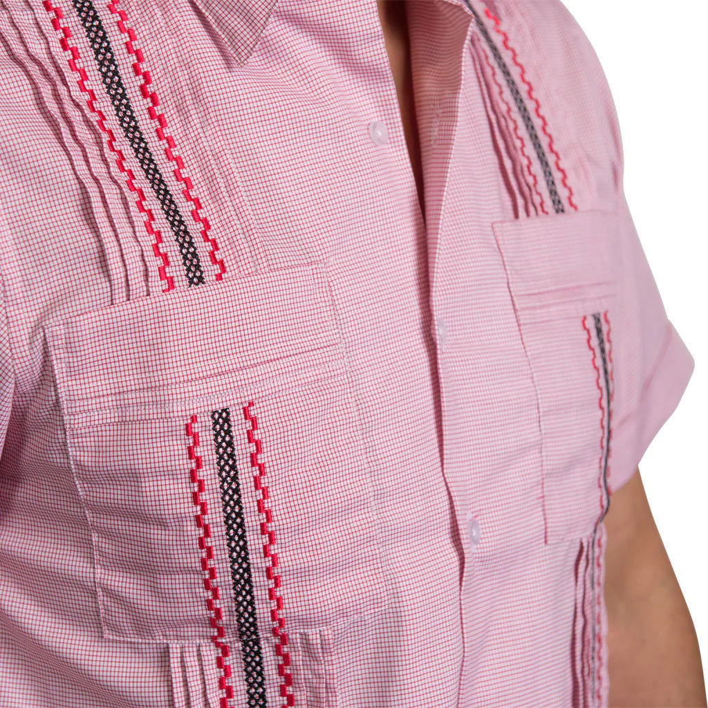 Can Cristobal Red Check Short Sleeve Guayabera Shirt for Men - Casual Summer Wear, Beach Vacation, and Tropical Party Outfit