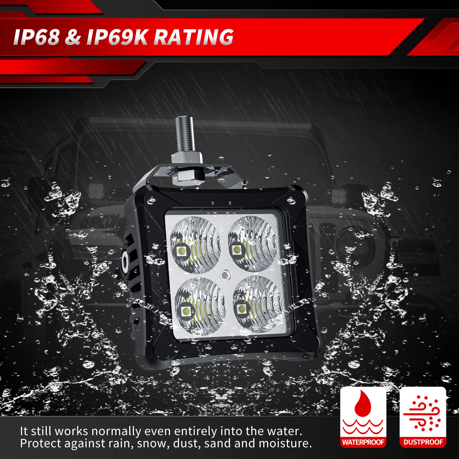 4WDKING 3 Inch 40W LED Off-Road Light Pods - IP69K Waterproof Square Work Light Bar for Trucks, Jeeps, Wranglers, ATVs, UTVs & Boats - Perfect for Off-Roading, Fog Lights & Ditch Lighting