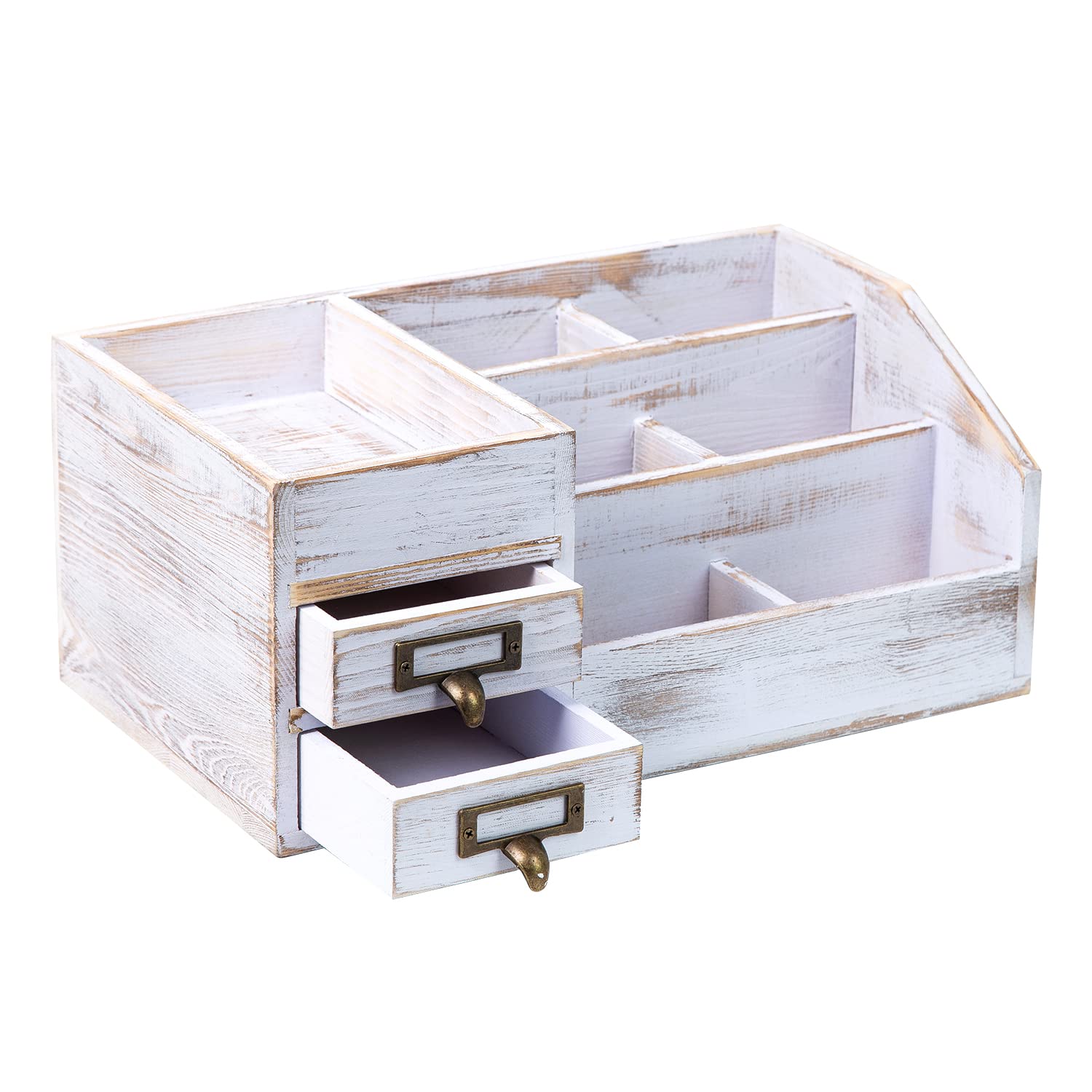 Distressed Rustic Wooden Office Desktop Organizer - 2-Tier Shelf with Drawers & Multiple Compartments for Jewelry Storage, Desk Organization, Vanity Display (Washed White) | Perfect for Home Office, Bedroom, Dorm & Gift Giving