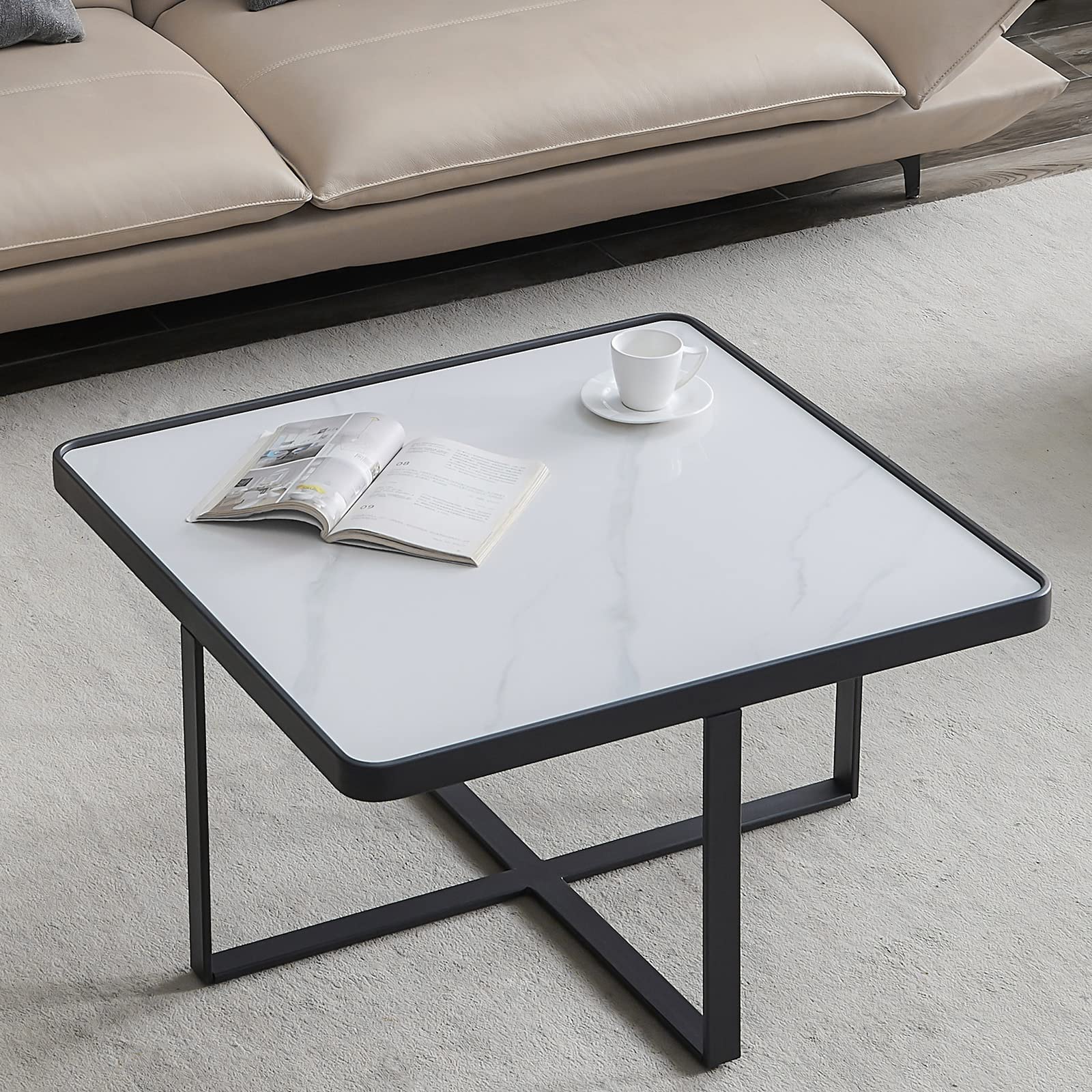 Marble Texture Coffee Table - 32'' x 32'' x 18'' Faux Stone Accent Table for Living Room, Reception Area - Perfect for Home Decor & Entertaining Guests