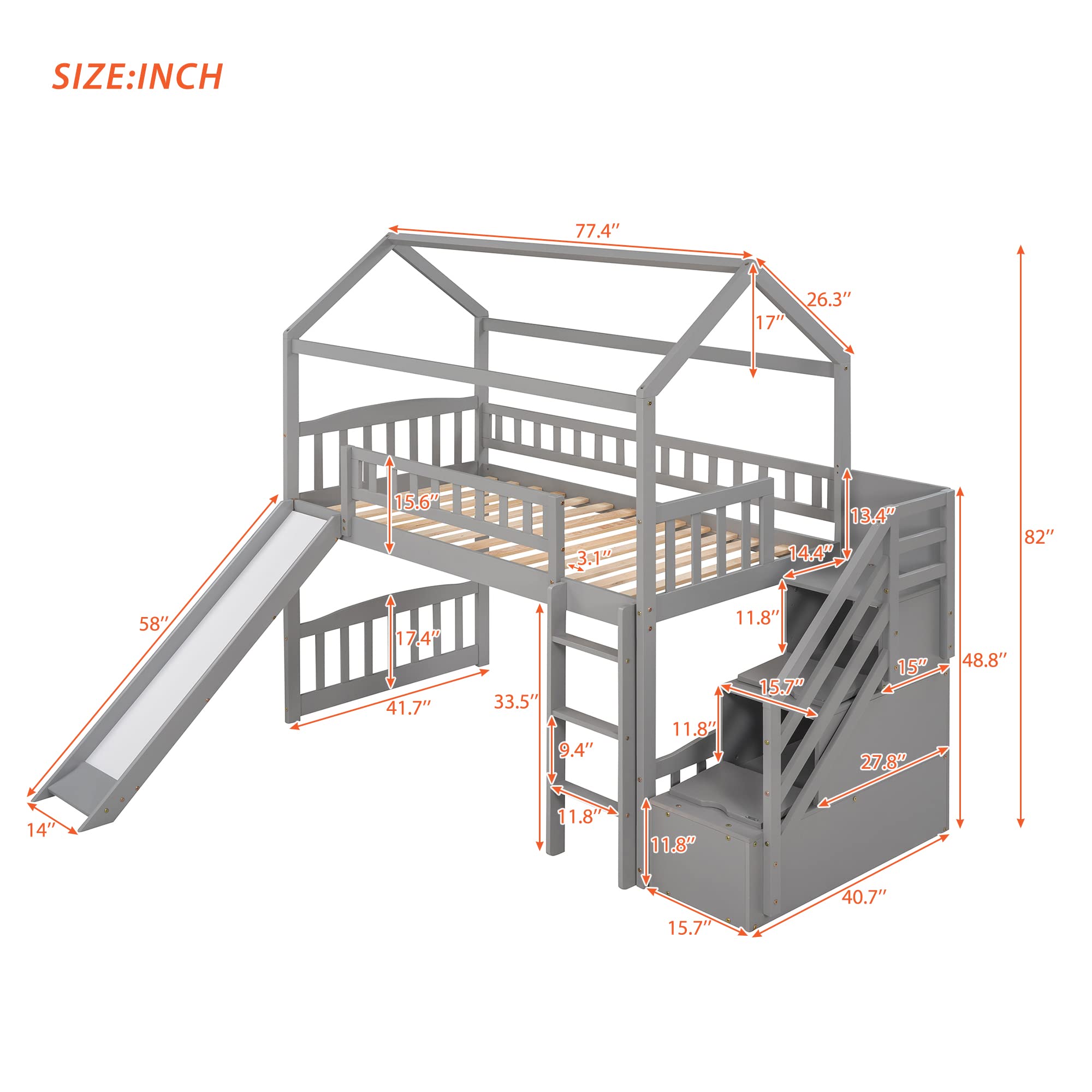 Twin Loft Bed with Slide & Stairs - Wooden House Cabin Bed for Kids & Toddlers with Storage Drawers | Space-Saving Kids Bedroom Furniture for Small Rooms & Play Areas (Grey)